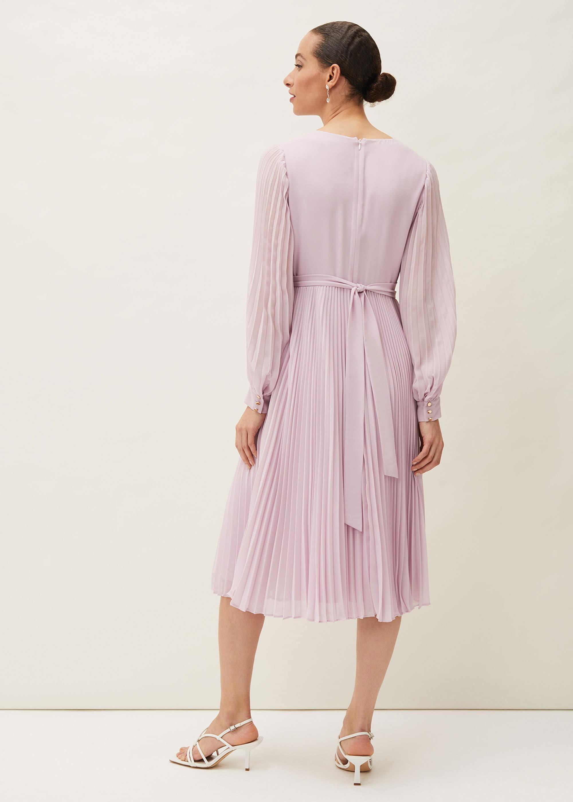Elsa Pleated Long Sleeved V-Neck Midi Dress