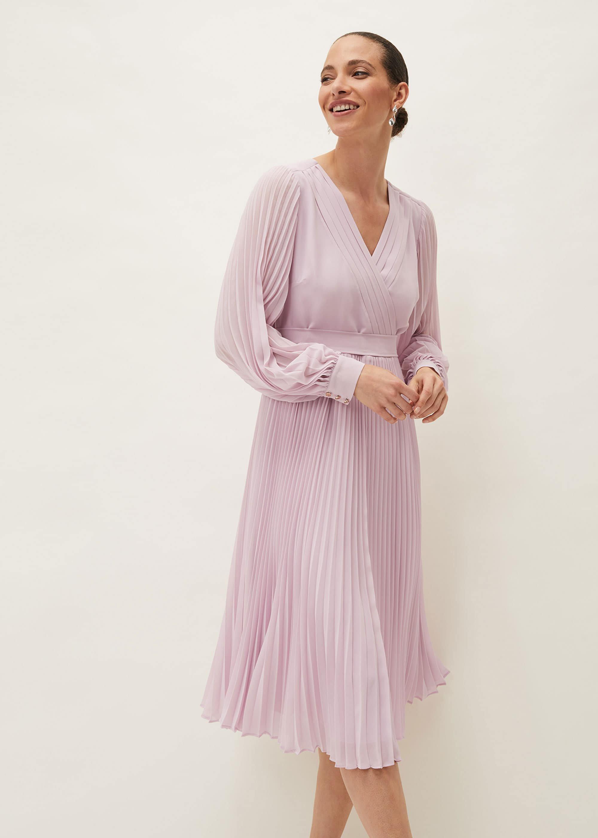 Elsa Pleated Long Sleeved V-Neck Midi Dress