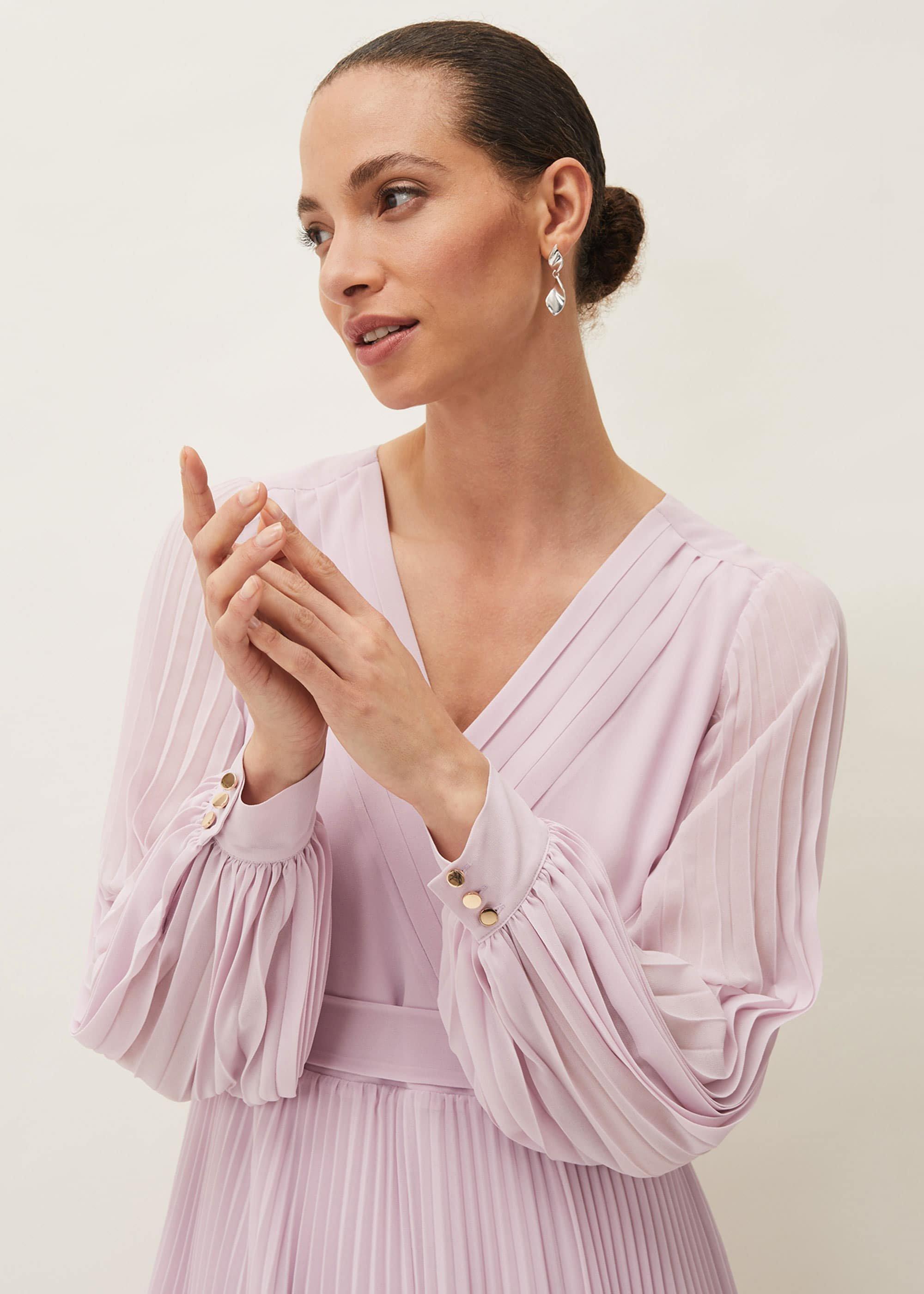 Elsa Pleated Long Sleeved V-Neck Midi Dress