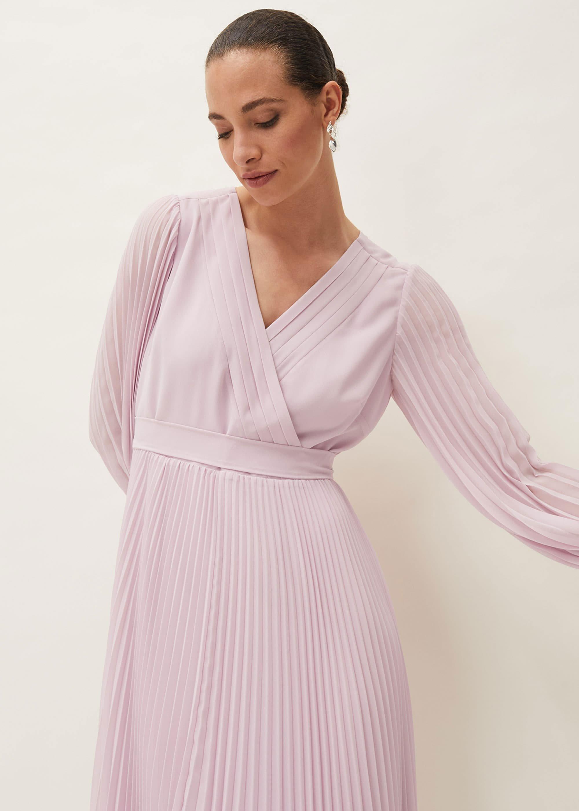 Elsa Pleated Long Sleeved V-Neck Midi Dress