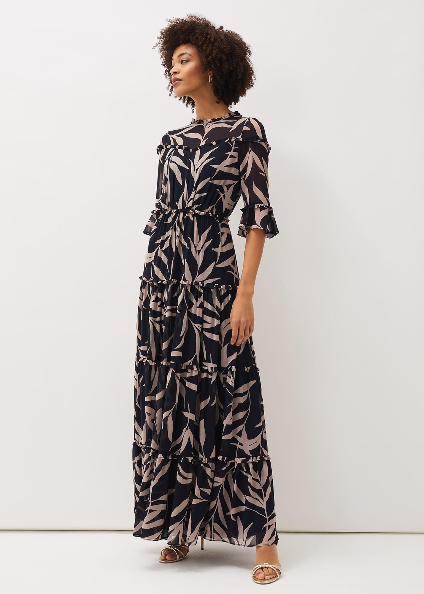 Amber Leaf Print Tiered Maxi Dress