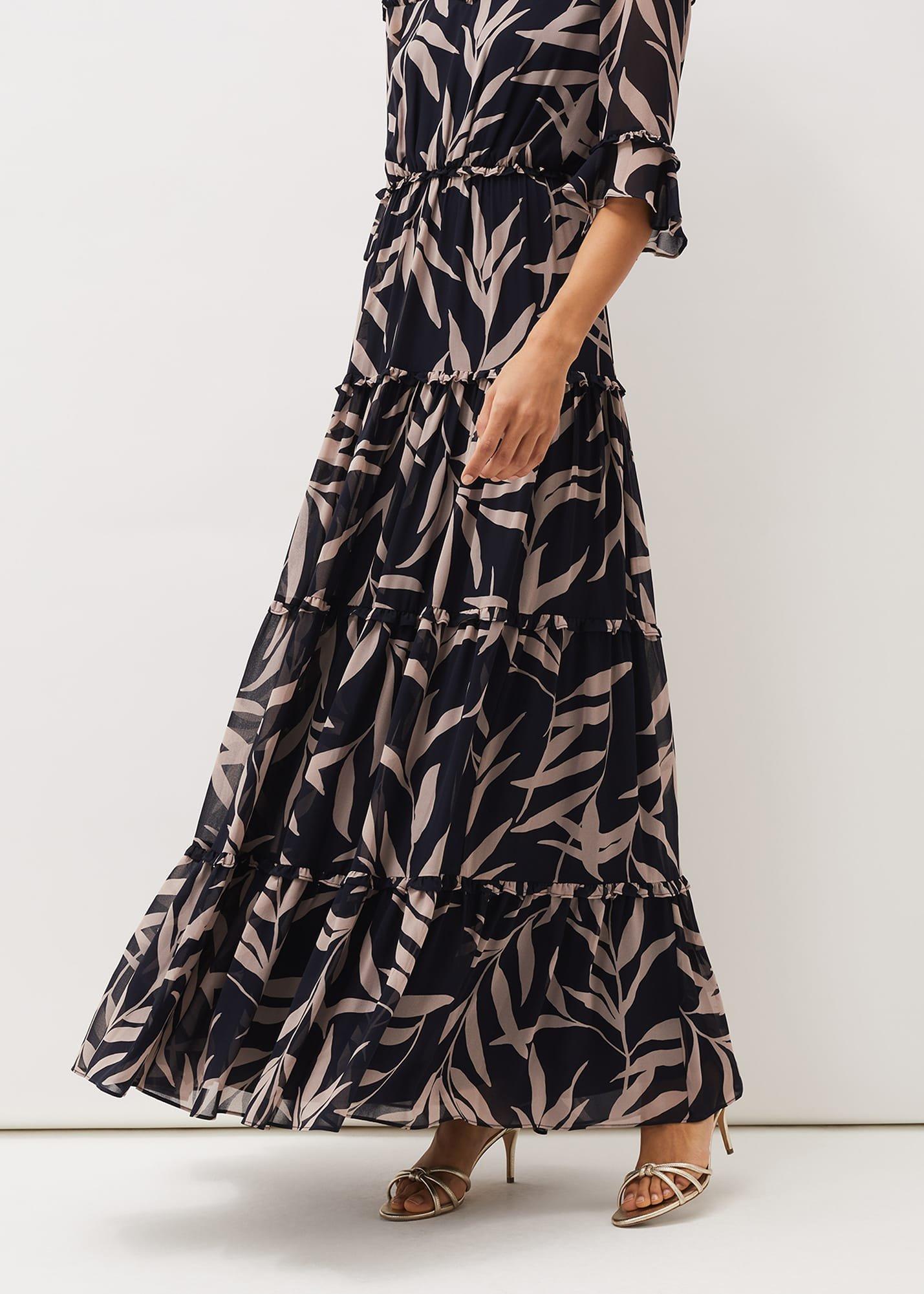 Amber Leaf Print Tiered Maxi Dress