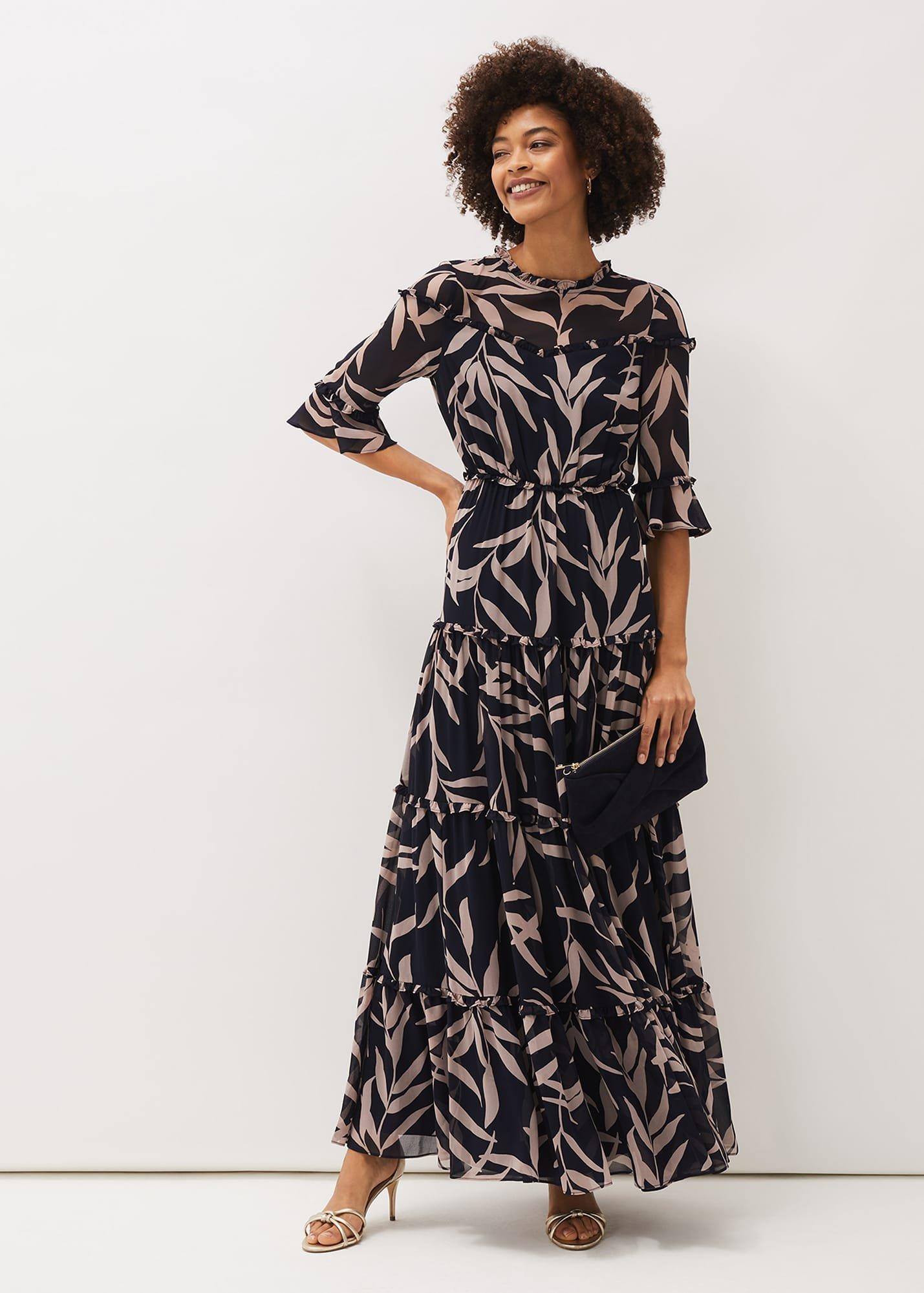Amber Leaf Print Tiered Maxi Dress
