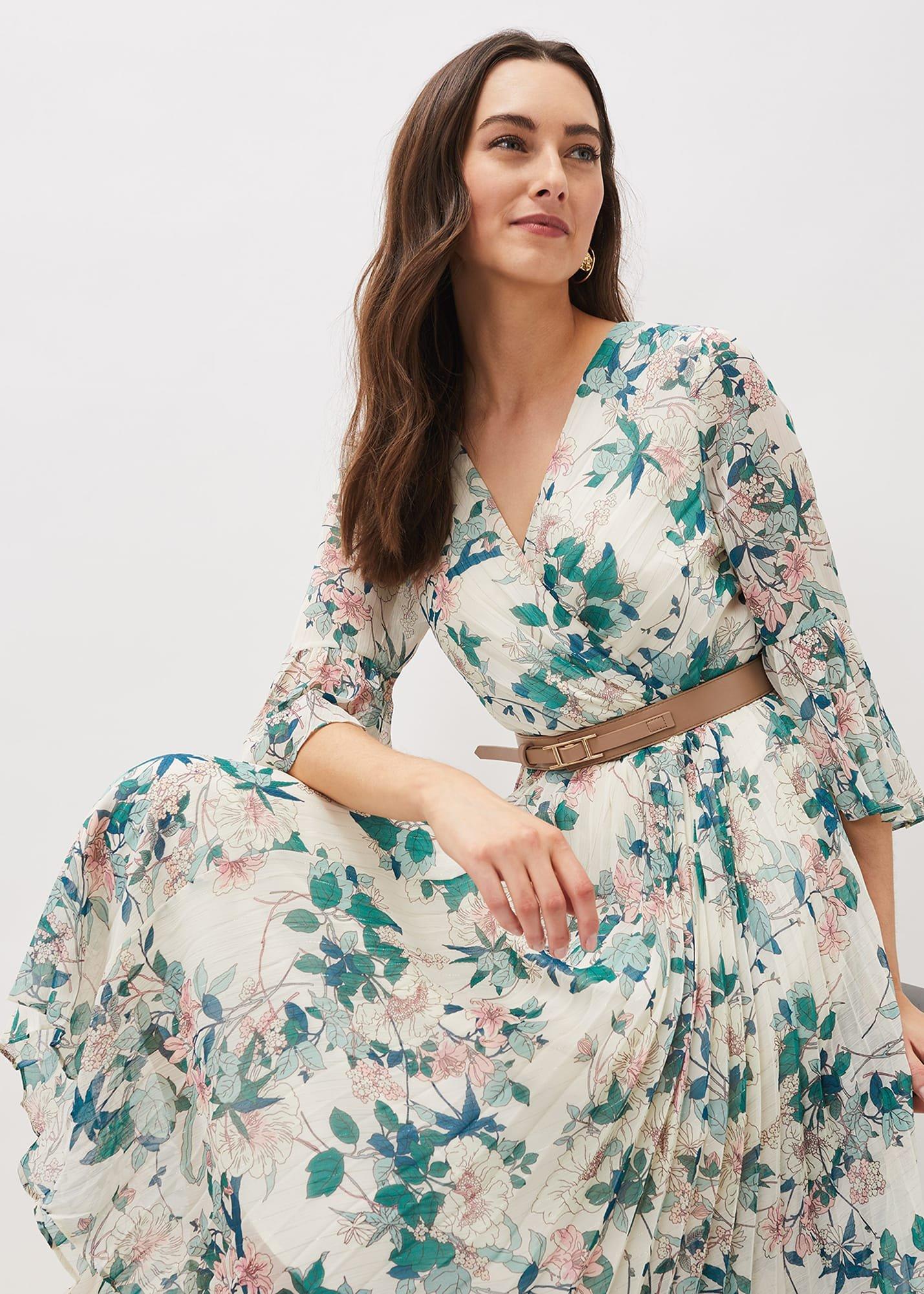 Ivory Floral V-Neck Midi Dress with Green Accents | Phase Eight
