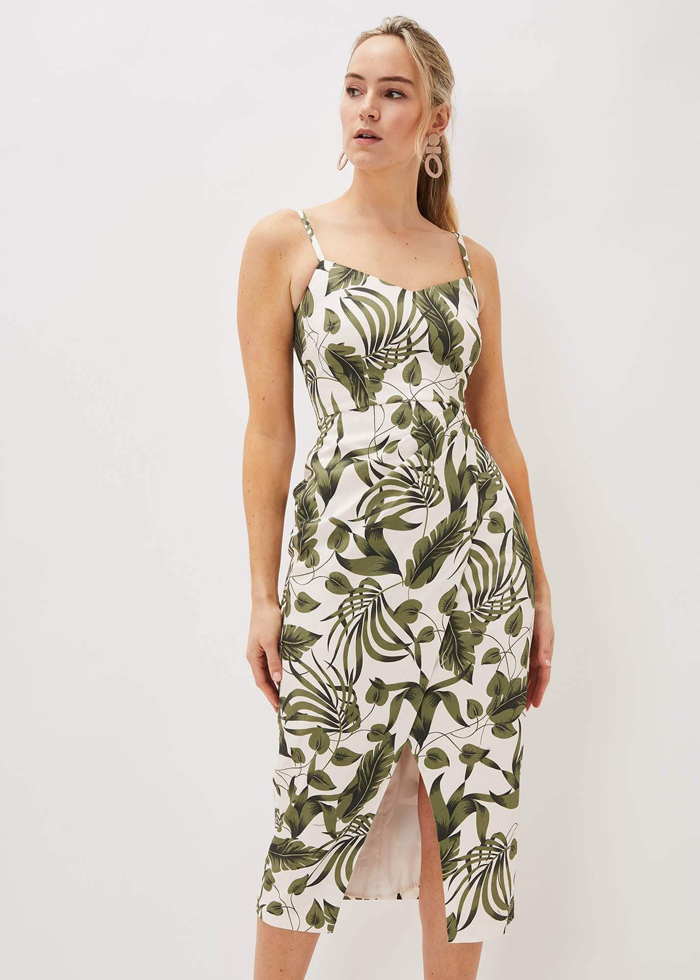 Yolanta Cotton Palm Print Midi Dress