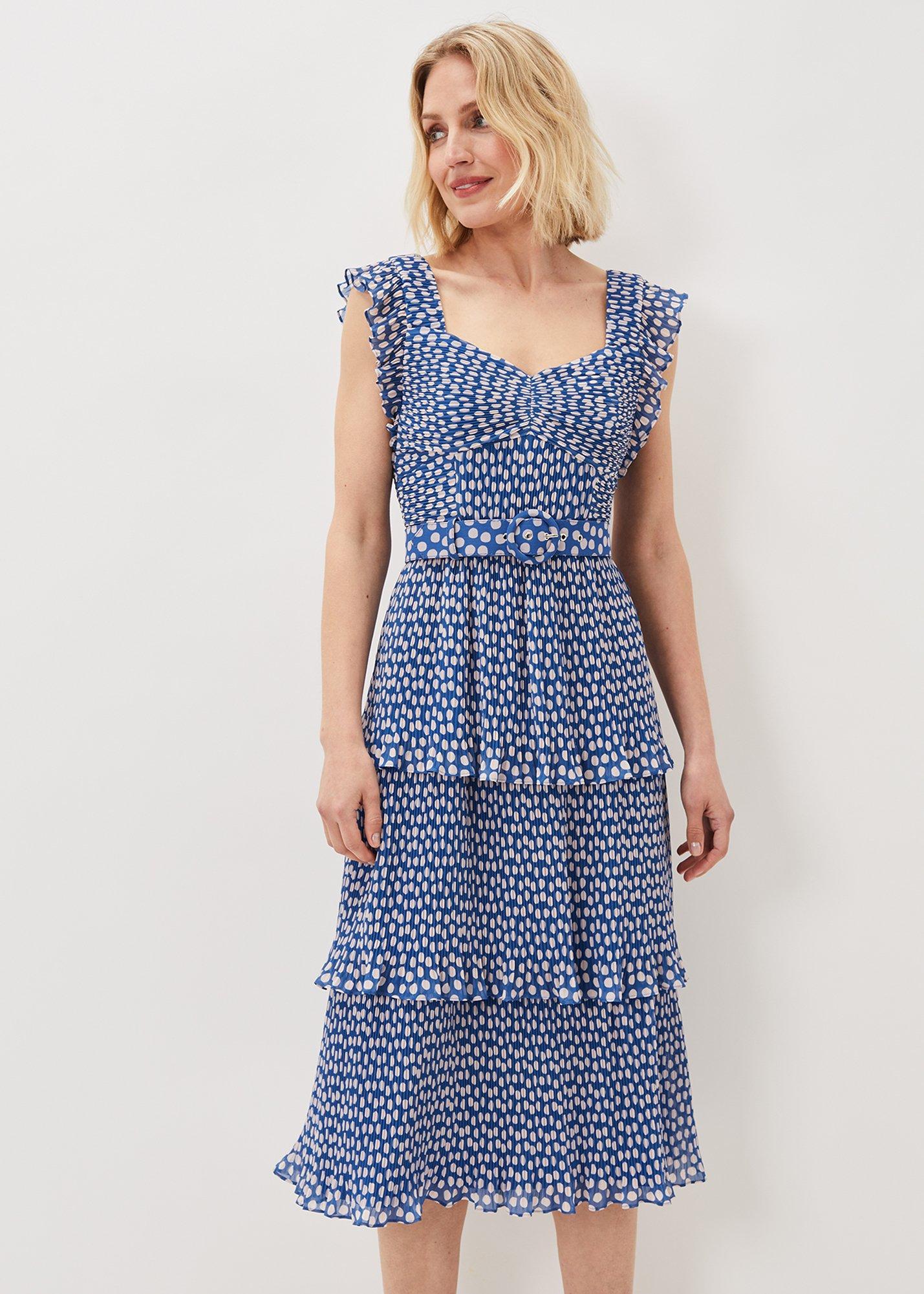 ${product-id}-Lisha Spot Pleated Tiered Midi Dress-Blue/Cream-${view-type}