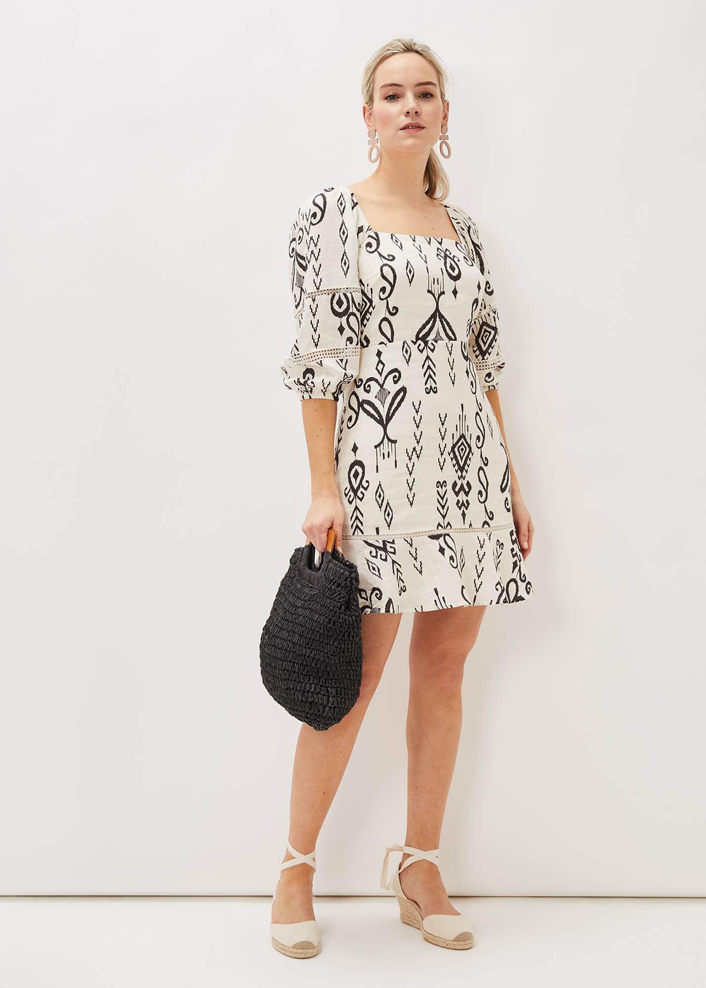 Linen Ikat Print A-Line Dress