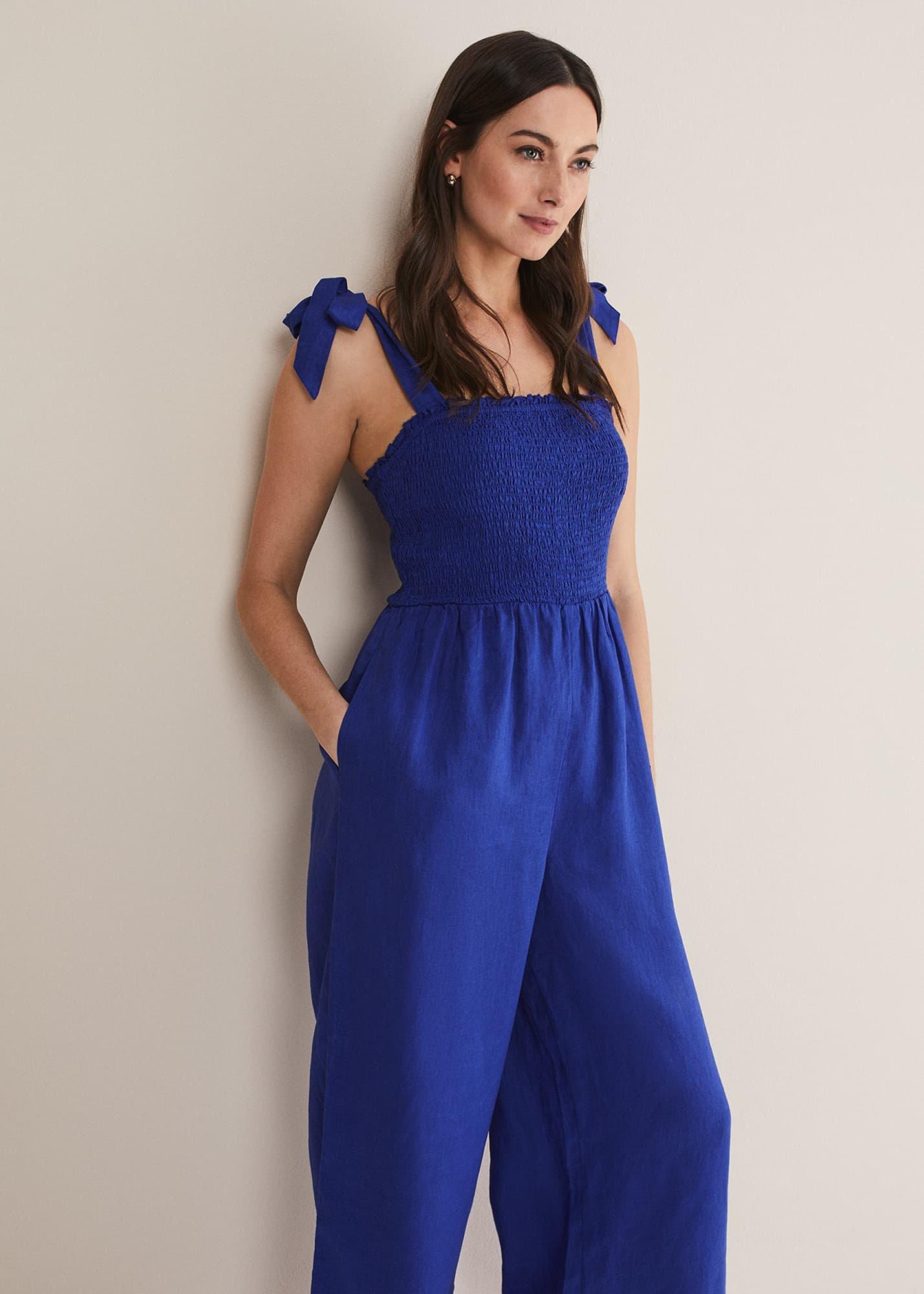 Ona Linen Shirred Wide Leg Jumpsuit
