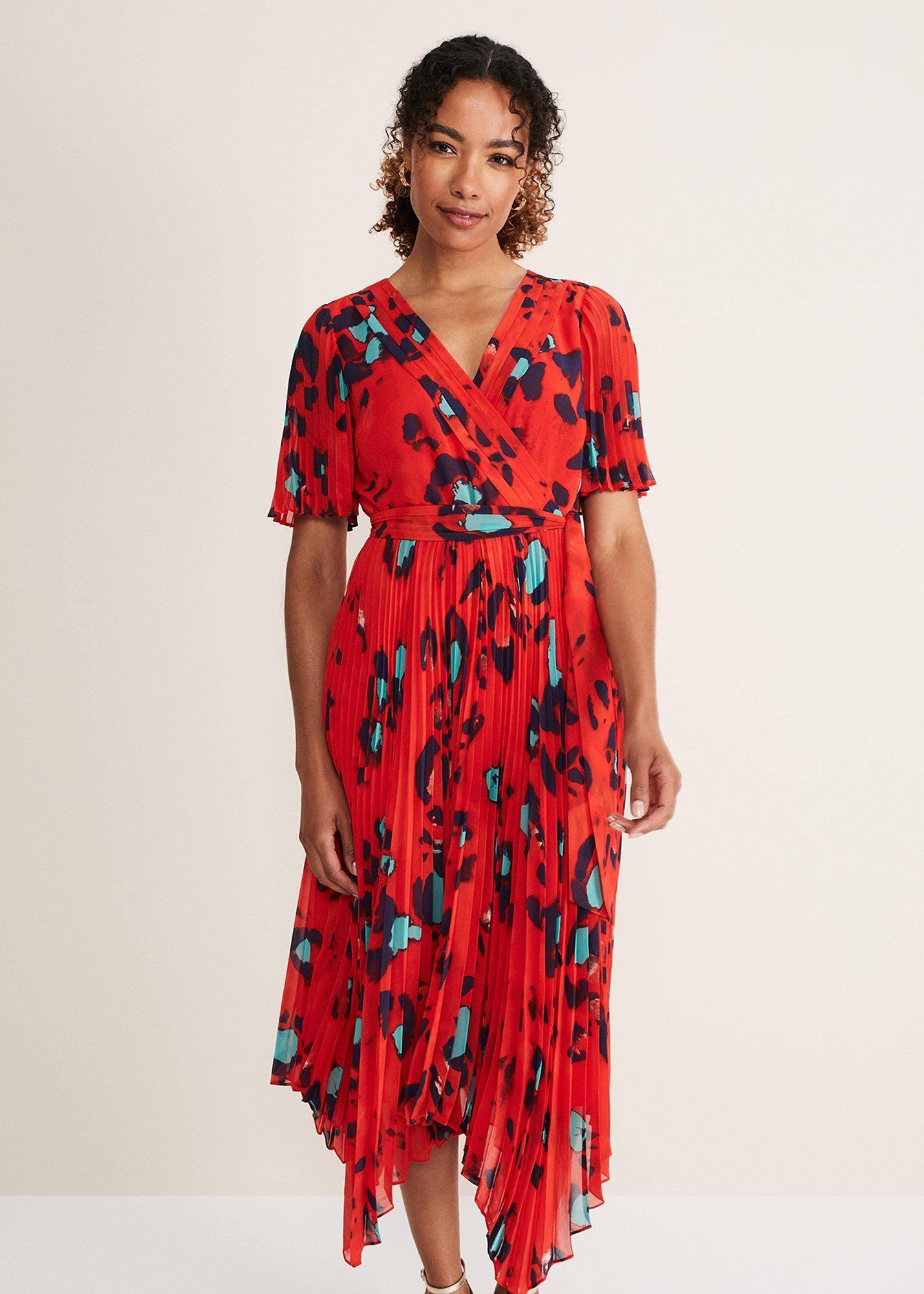${product-id}-Kendall Butterfly Print Pleated Midi Dress-Vermillion/multi-${view-type}