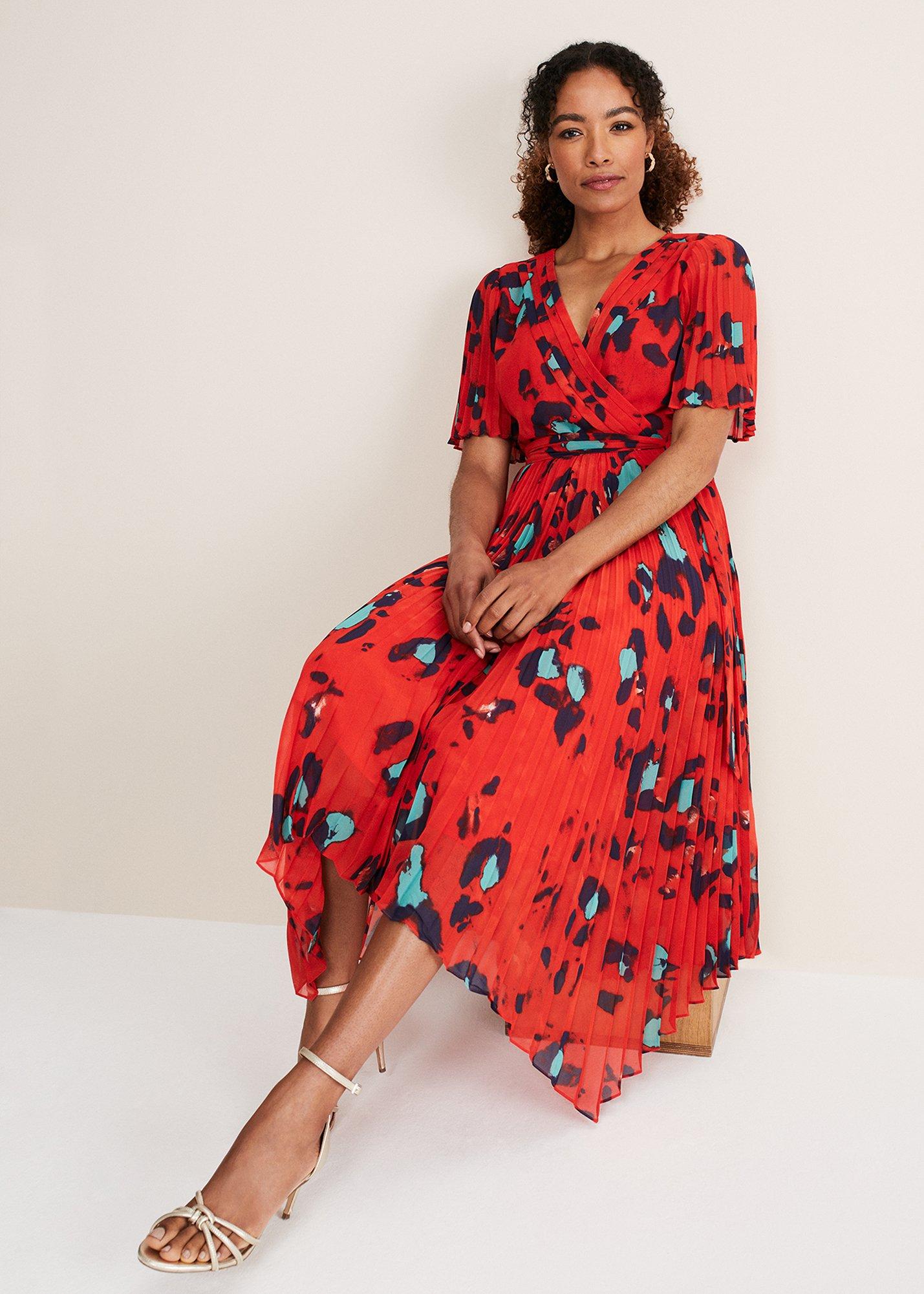 ${product-id}-Kendall Butterfly Print Pleated Midi Dress-Vermillion/multi-${view-type}