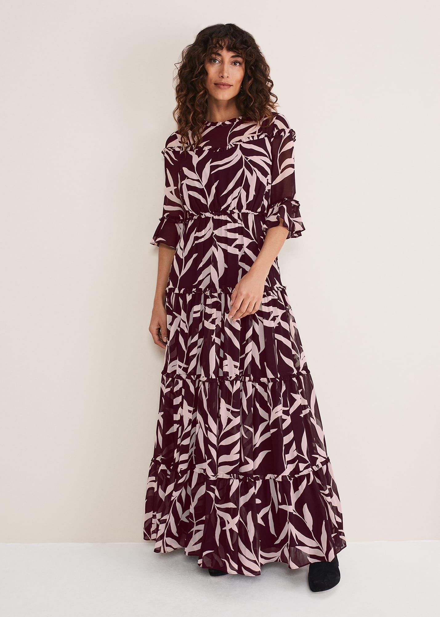 Amber Leaf Print Tiered Dress