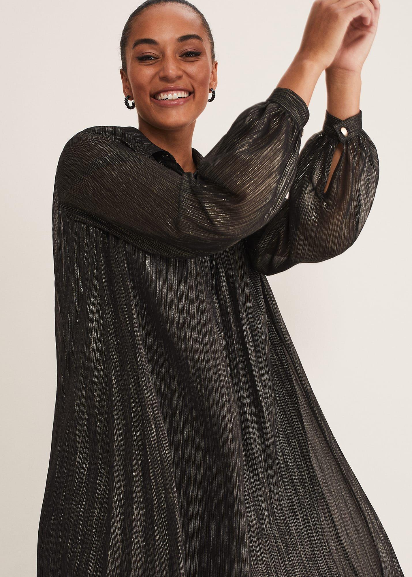 Tanya Foil Pleated Shirt Dress