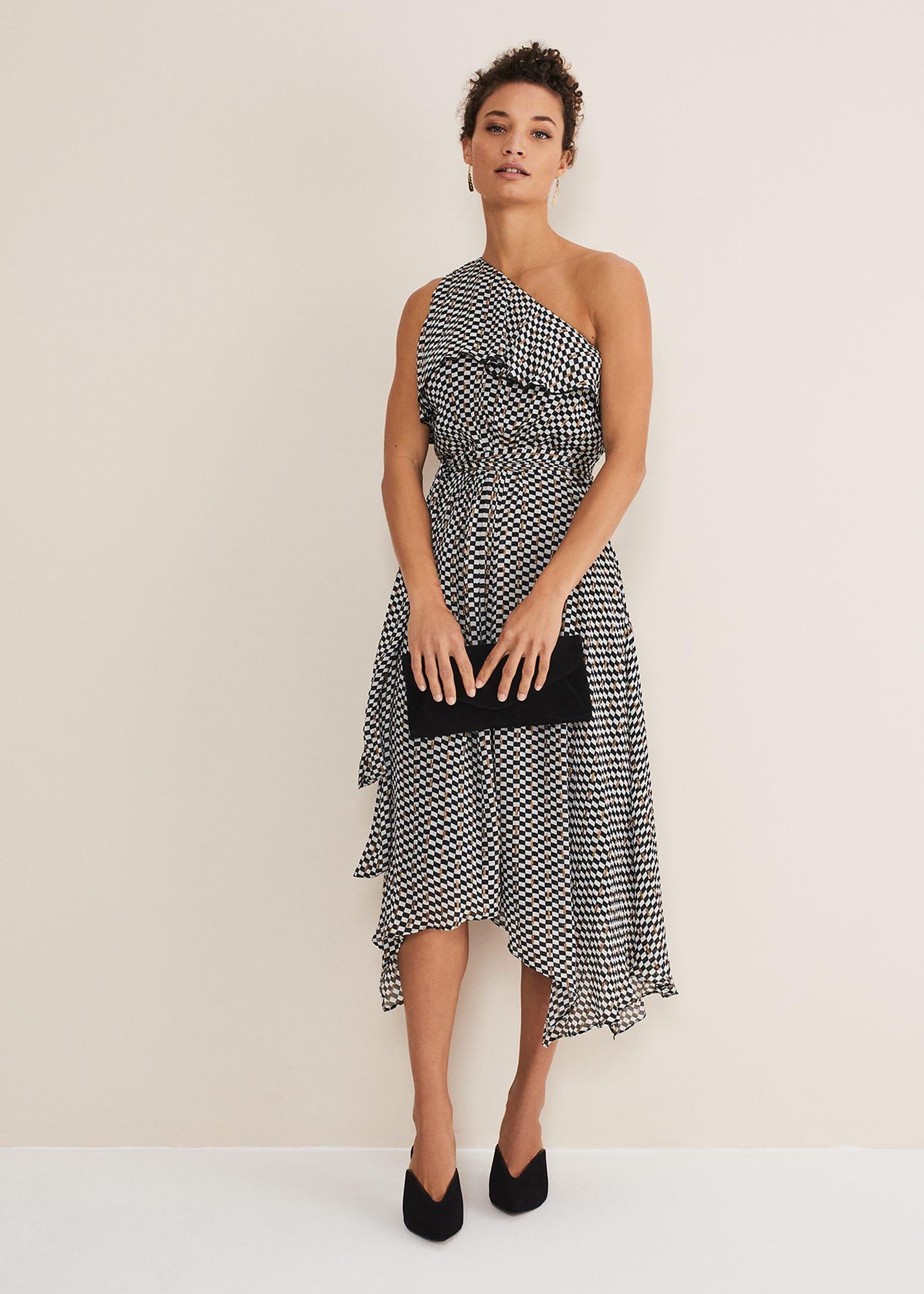 Kaz Checked One Shoulder Midi Dress