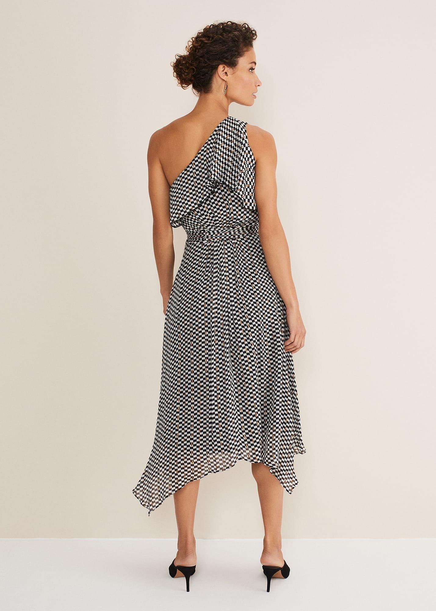 Kaz Checked One Shoulder Midi Dress