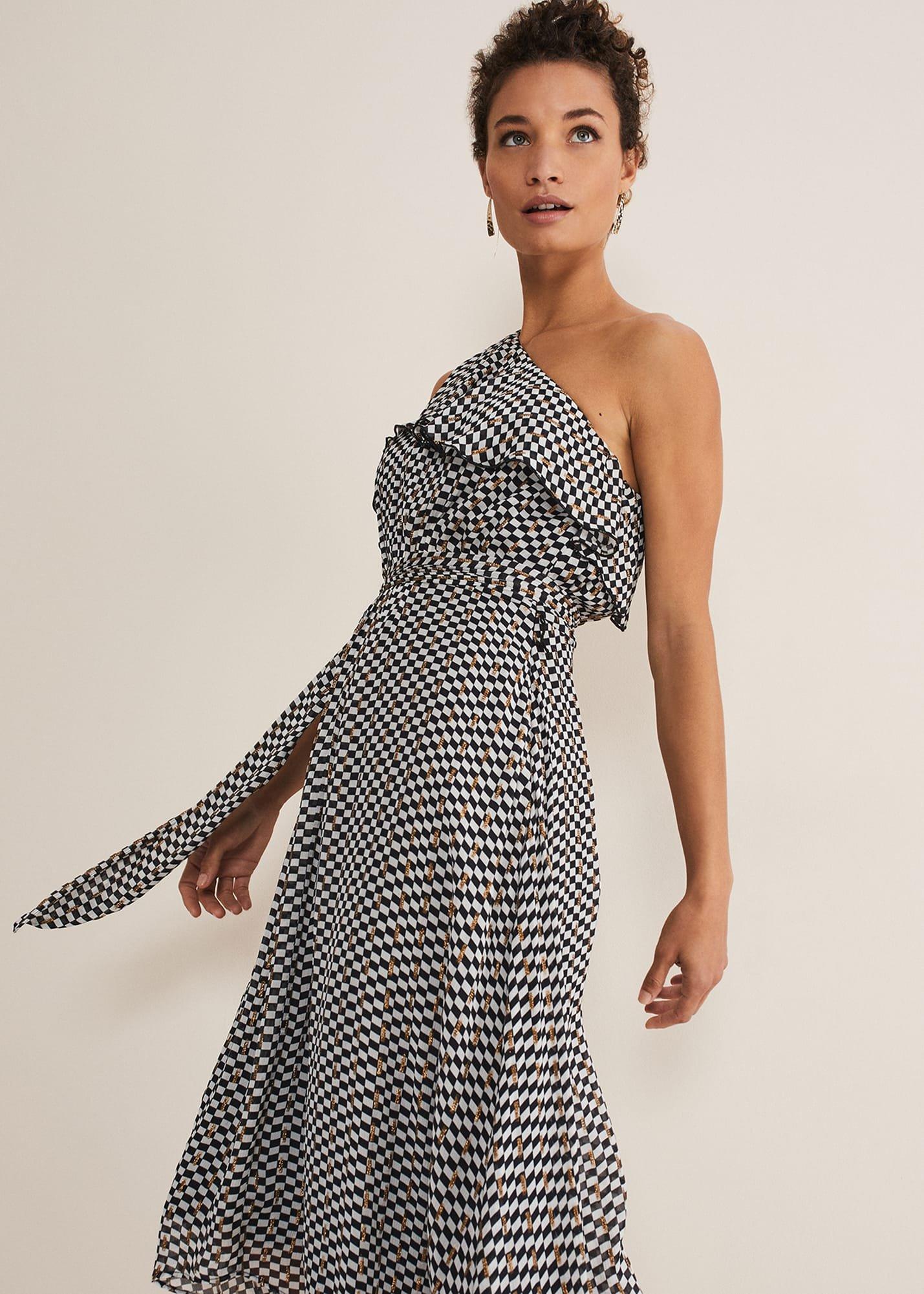Kaz Checked One Shoulder Midi Dress