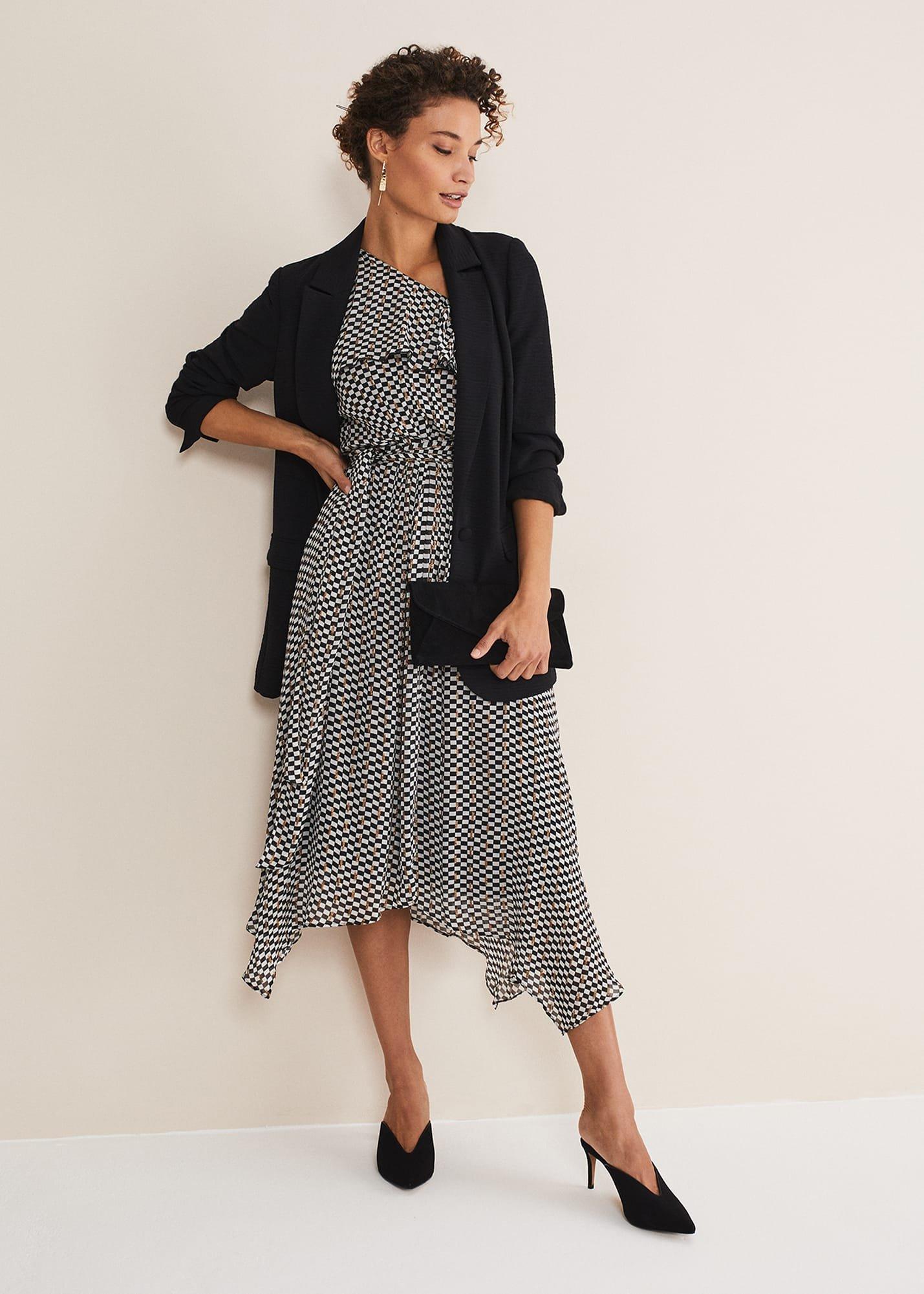 Kaz Checked One Shoulder Midi Dress