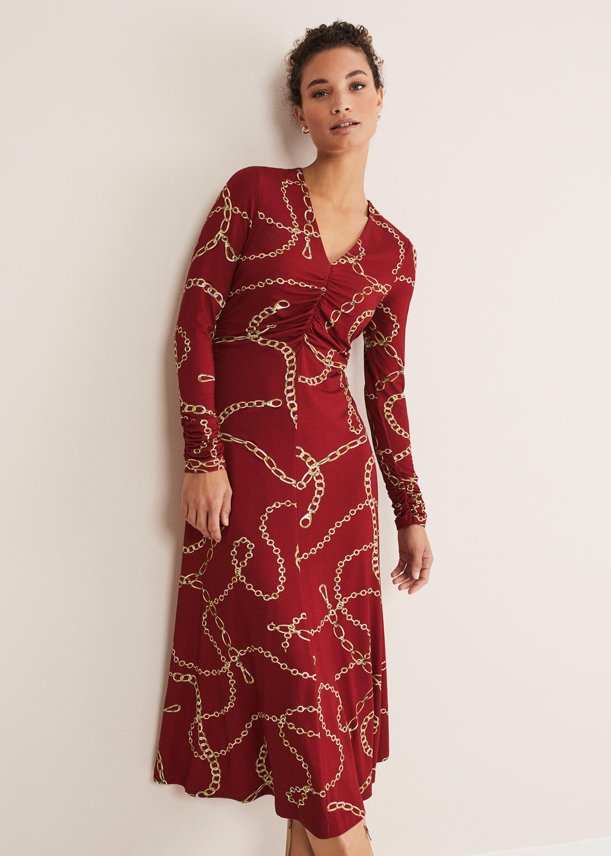 Cheska Chain Print Ruched Midi Dress