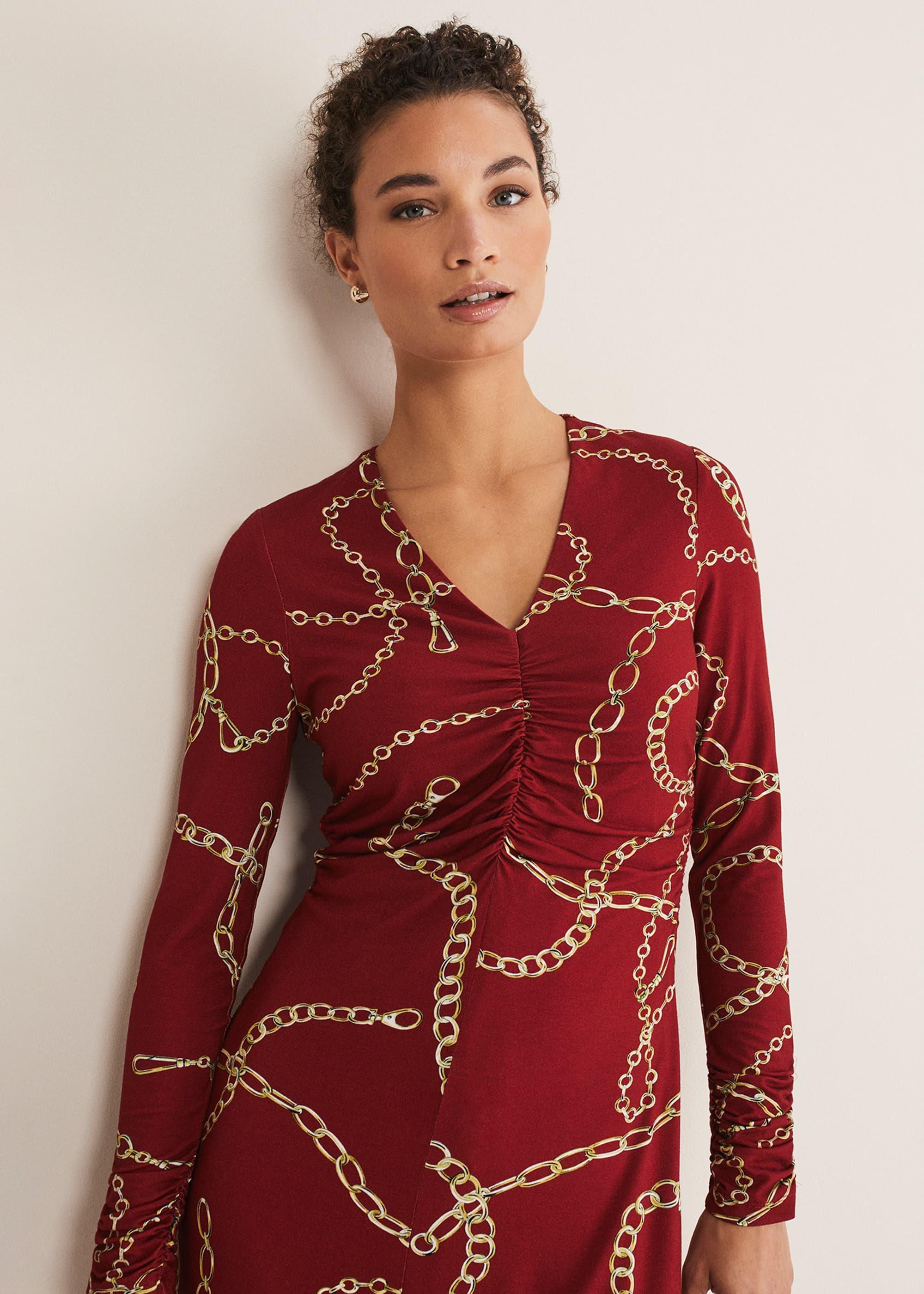 Cheska Chain Print Ruched Midi Dress