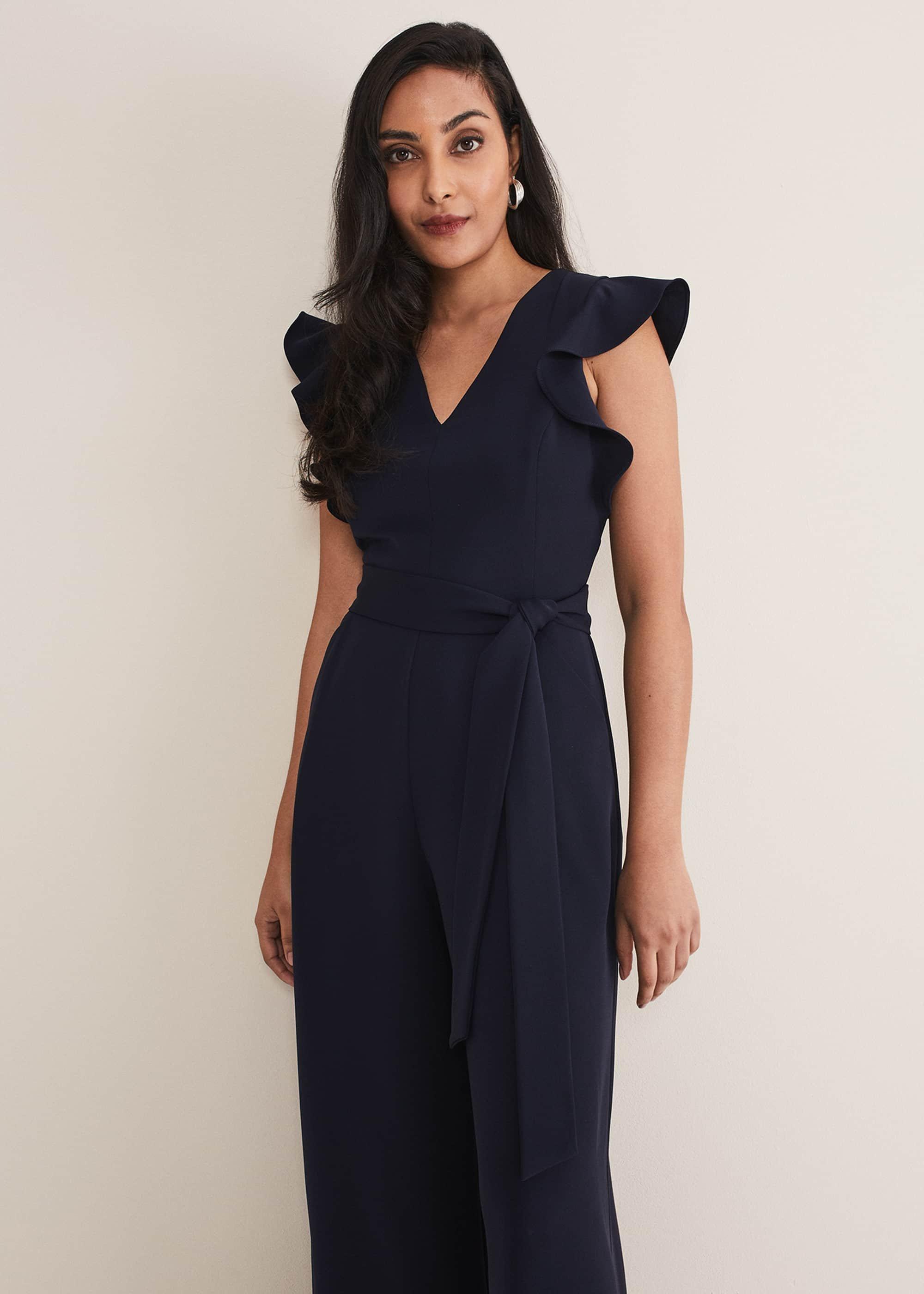 ${product-id}-Petite Kallie V Neck Frill Jumpsuit-Navy-${view-type}