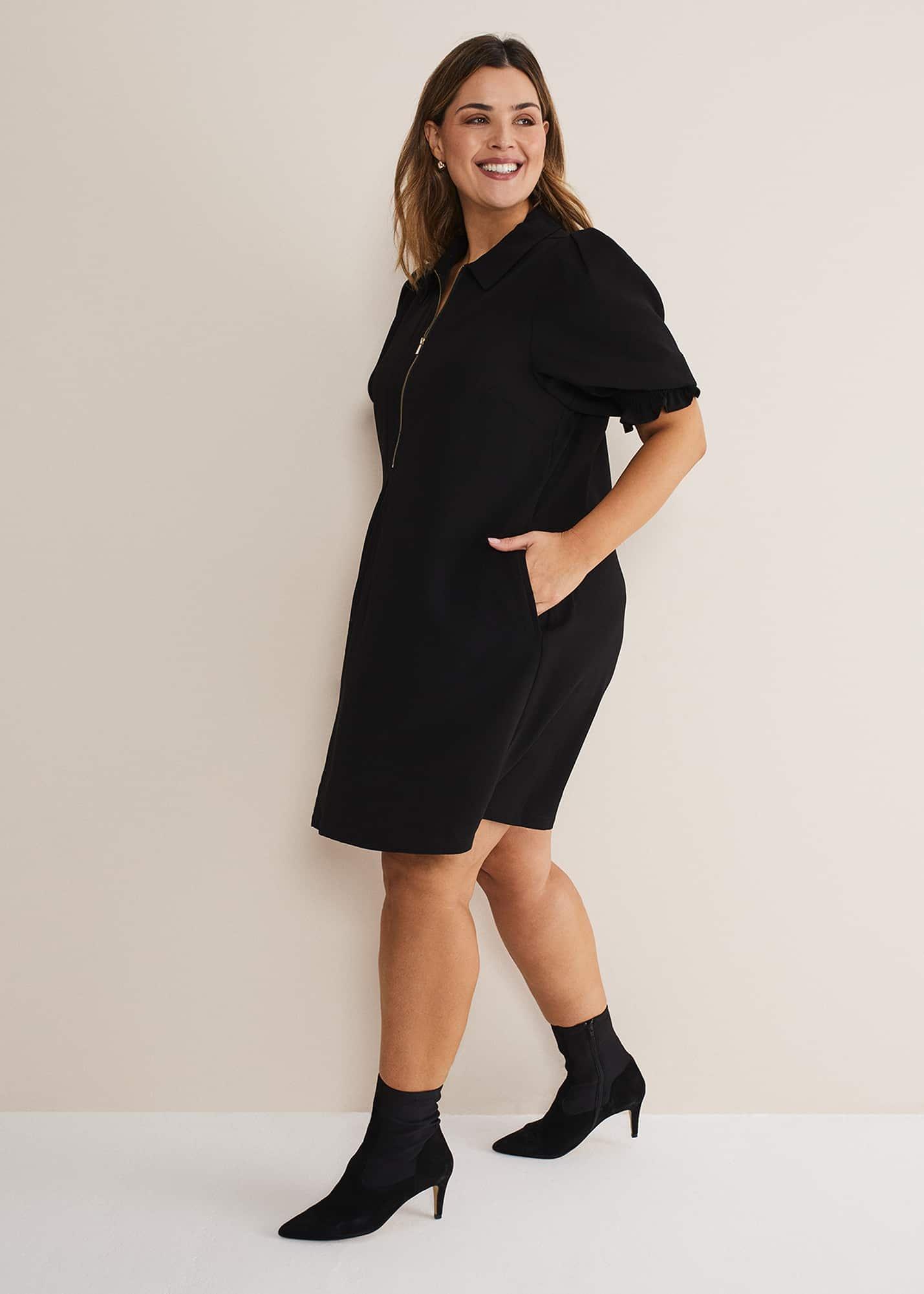 Navy Zip Mini Dress with Frill Sleeve Cuffs | Phase Eight | Phase