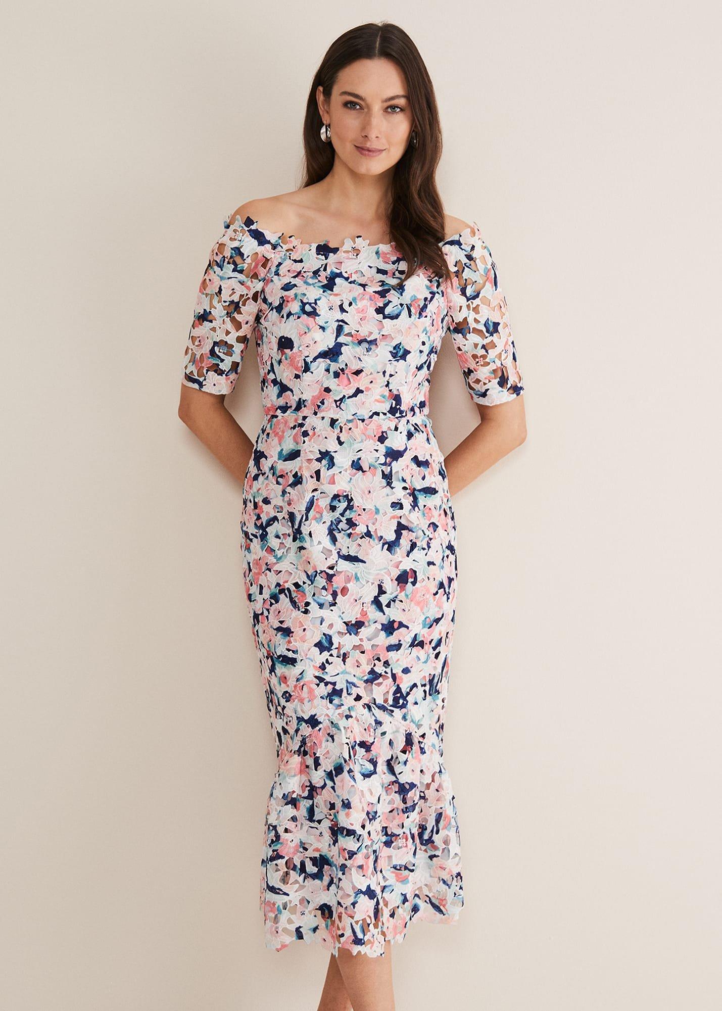 Elara Floral Bardot Bodycon Midi Dress