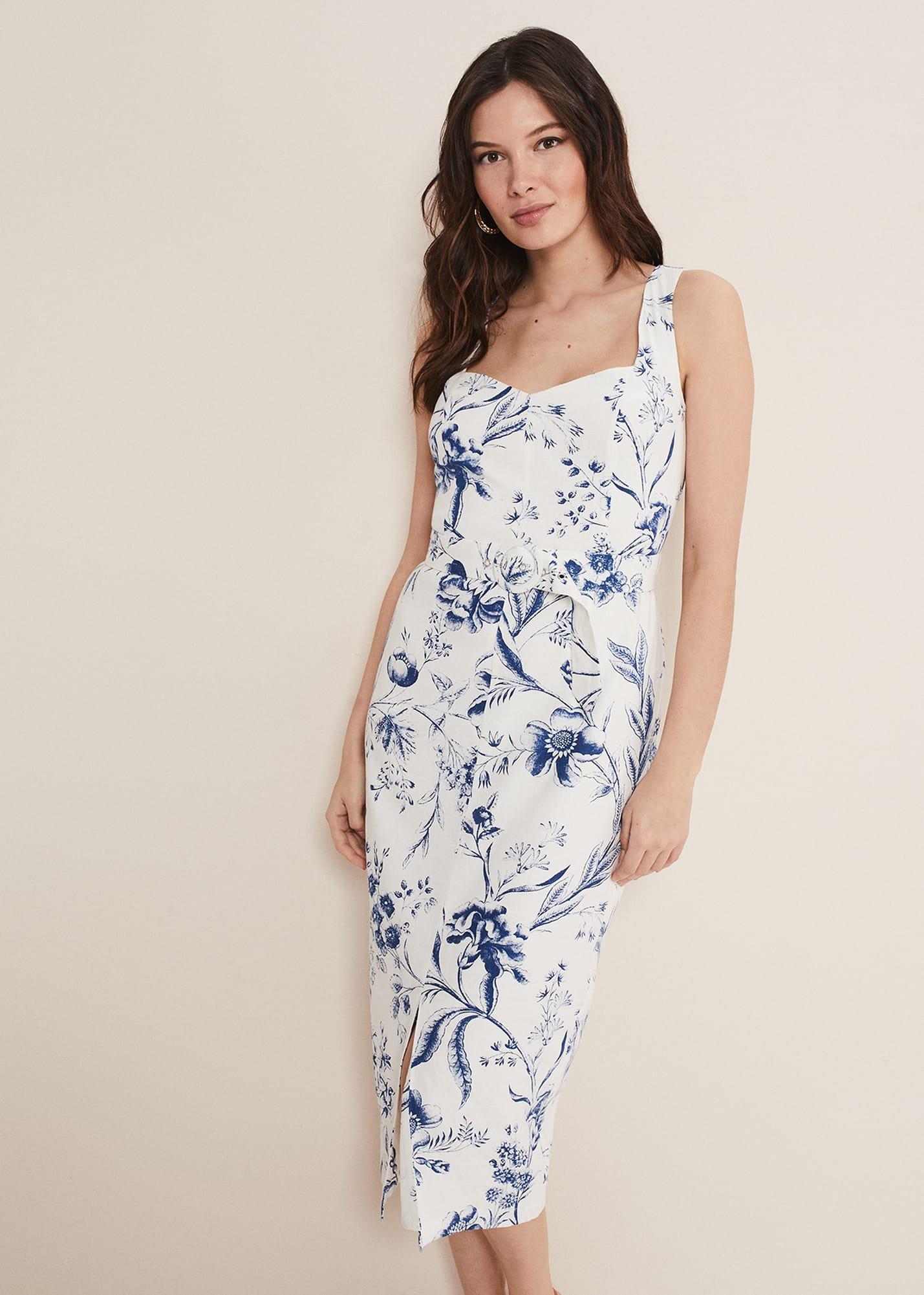 Phase Eight Kaya Linen Floral Bodycon Midi Dress White/Blue Size 6