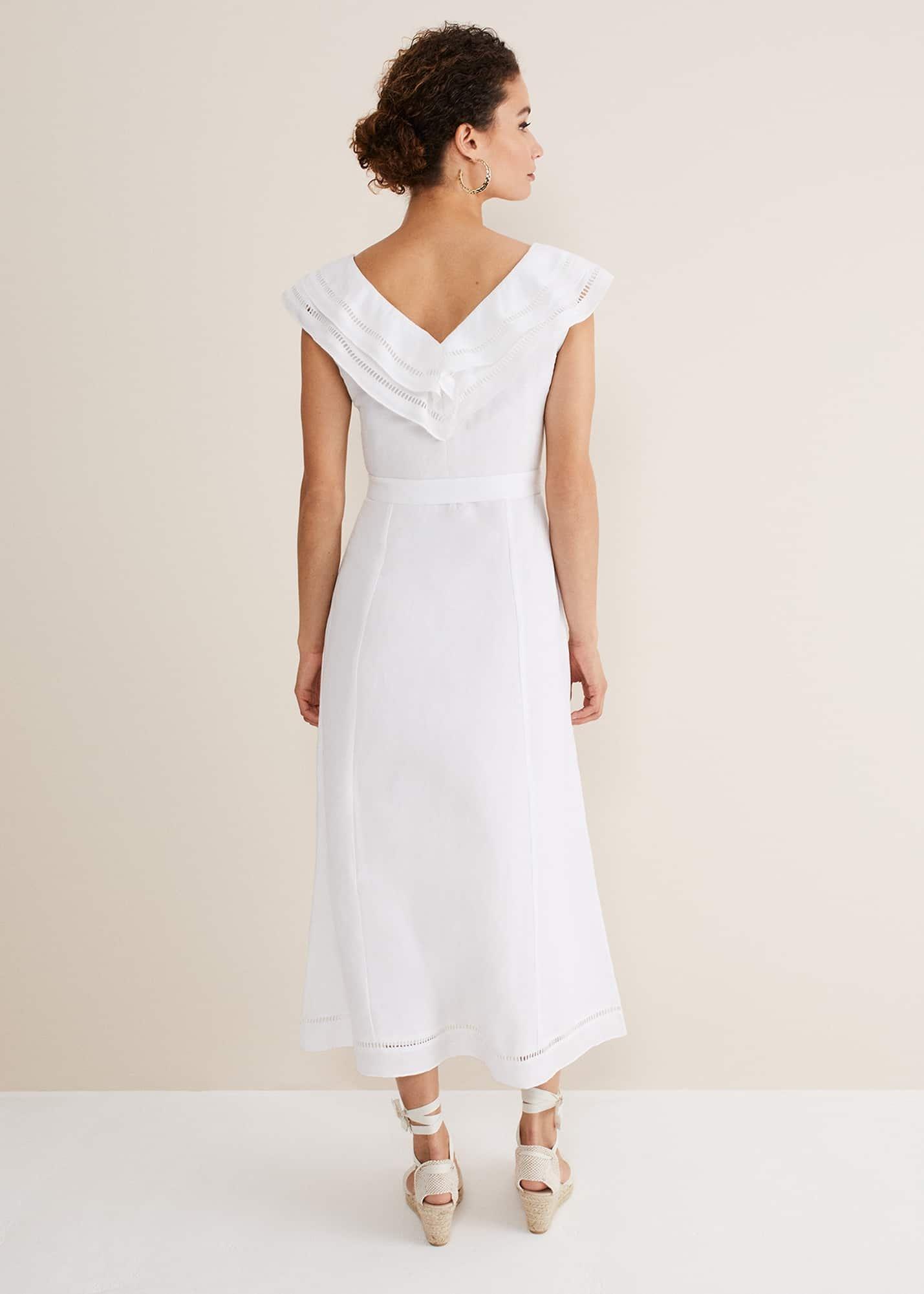 Julieta White Linen Ruffle Broderie Midi Dress