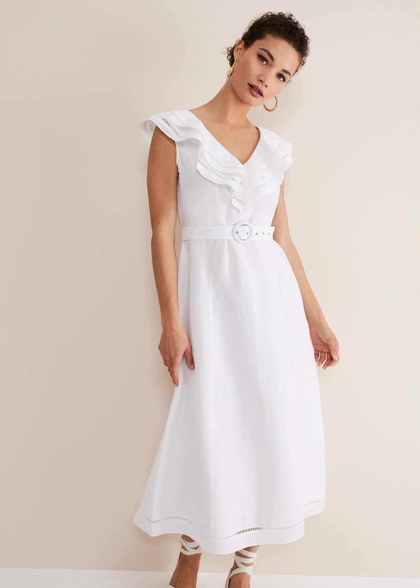 ${product-id}-Julieta White Linen Ruffle Broderie Midi Dress-White-${view-type}