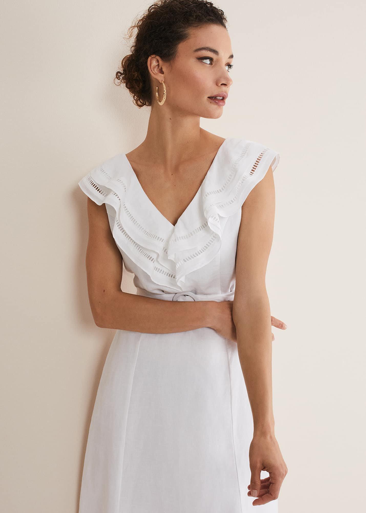 ${product-id}-Julieta White Linen Ruffle Broderie Midi Dress-White-${view-type}