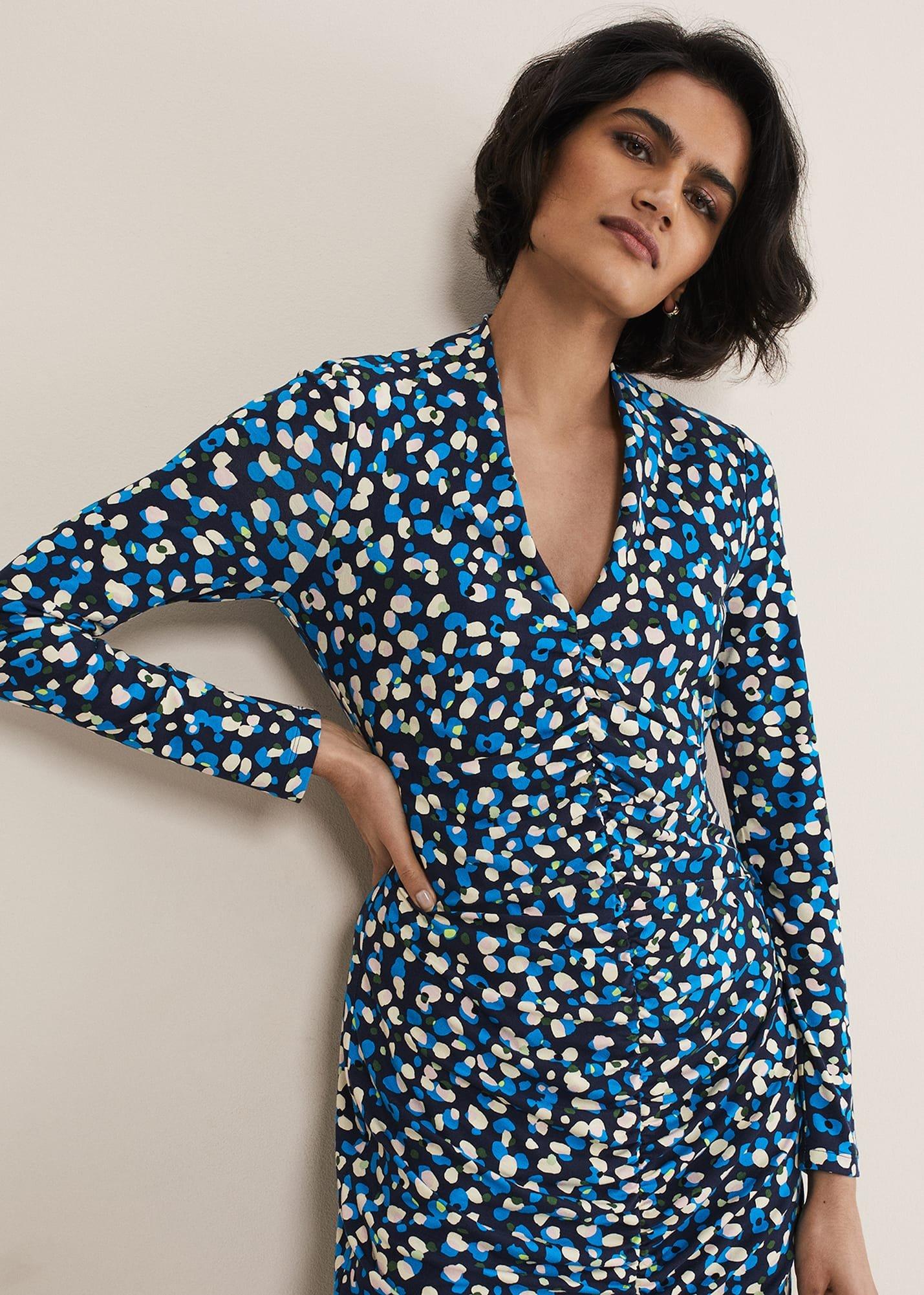 Juno Ruched V Neck Dotty Bodycon Dress