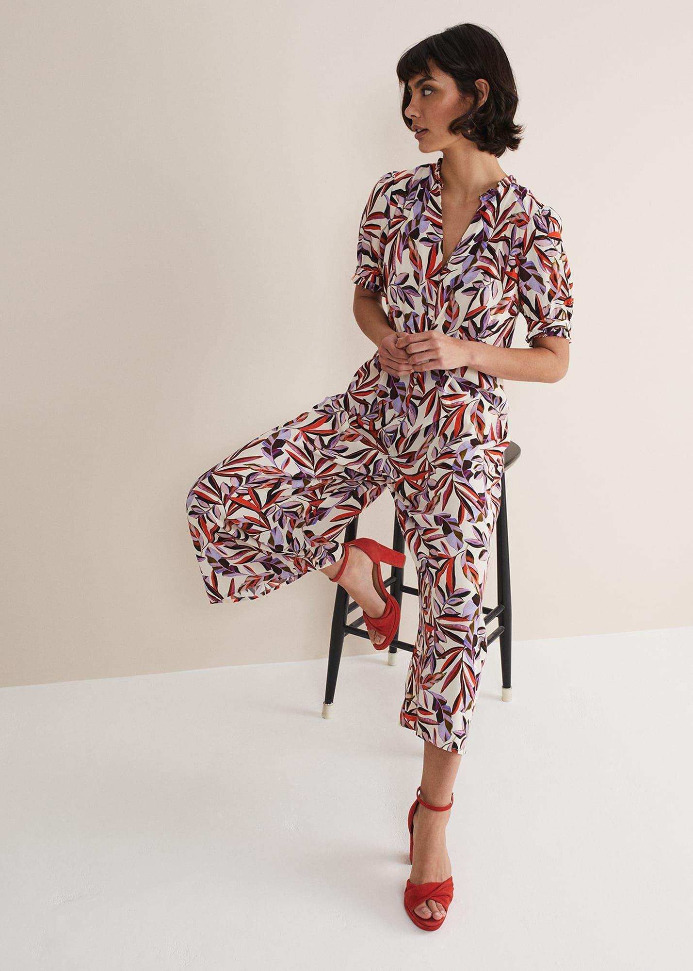 Astrid Leaf Print Cropped Wide Leg Jumpsuit