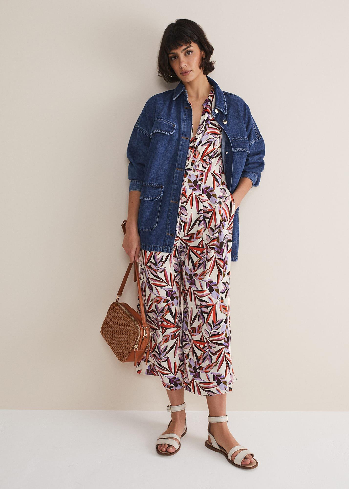 Astrid Leaf Print Cropped Wide Leg Jumpsuit