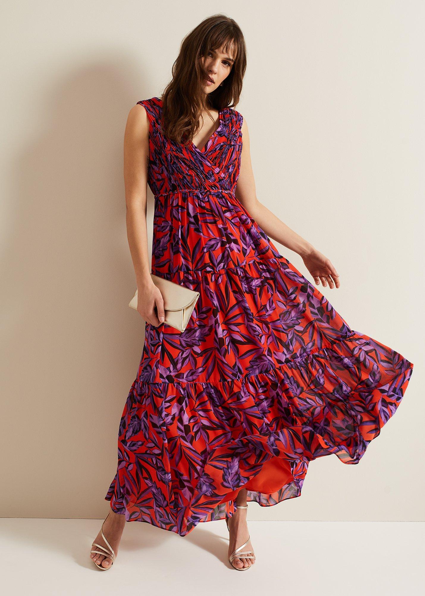 Athena Leaf Print Pleated Maxi Dress