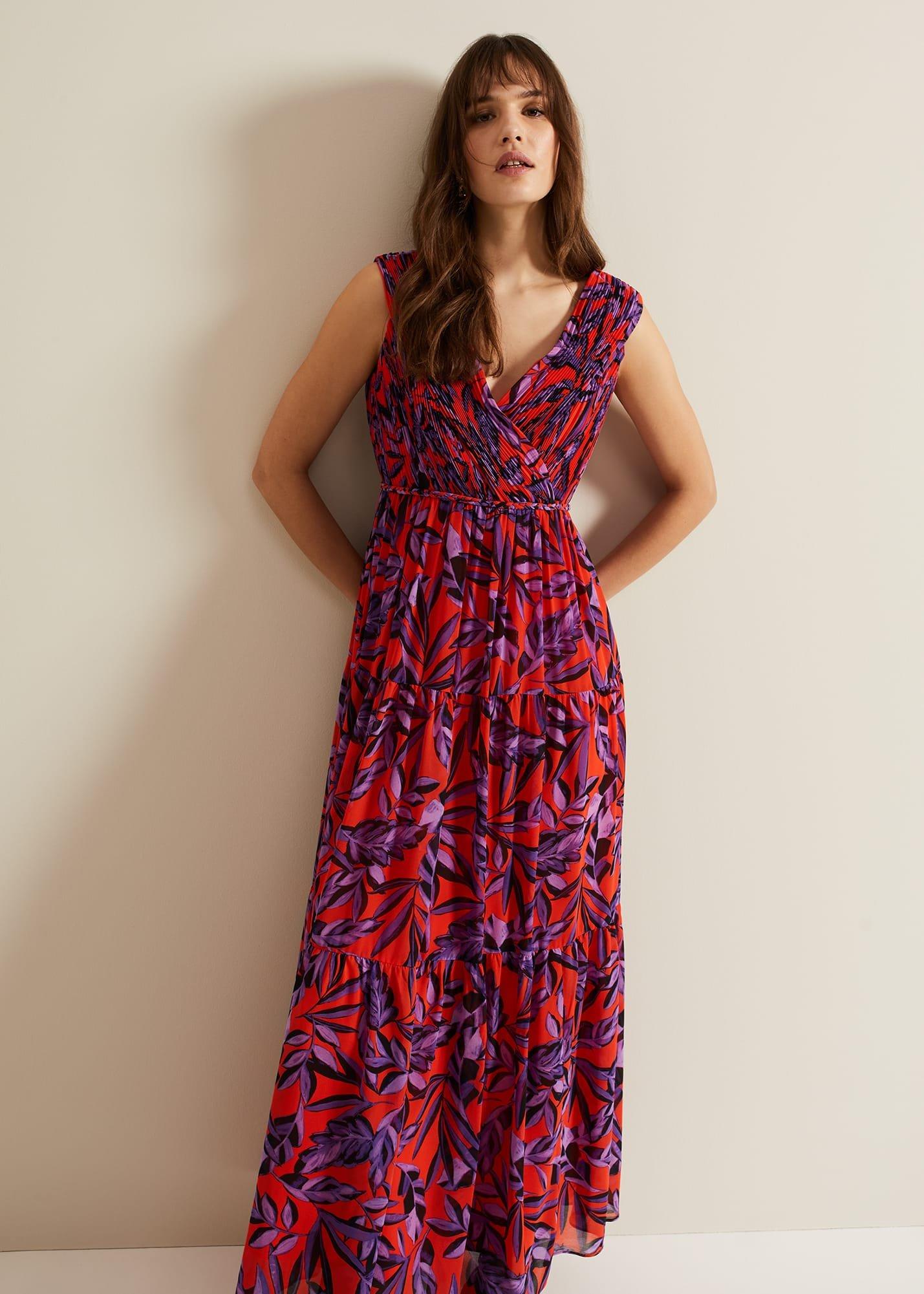 Athena Leaf Print Pleated Maxi Dress