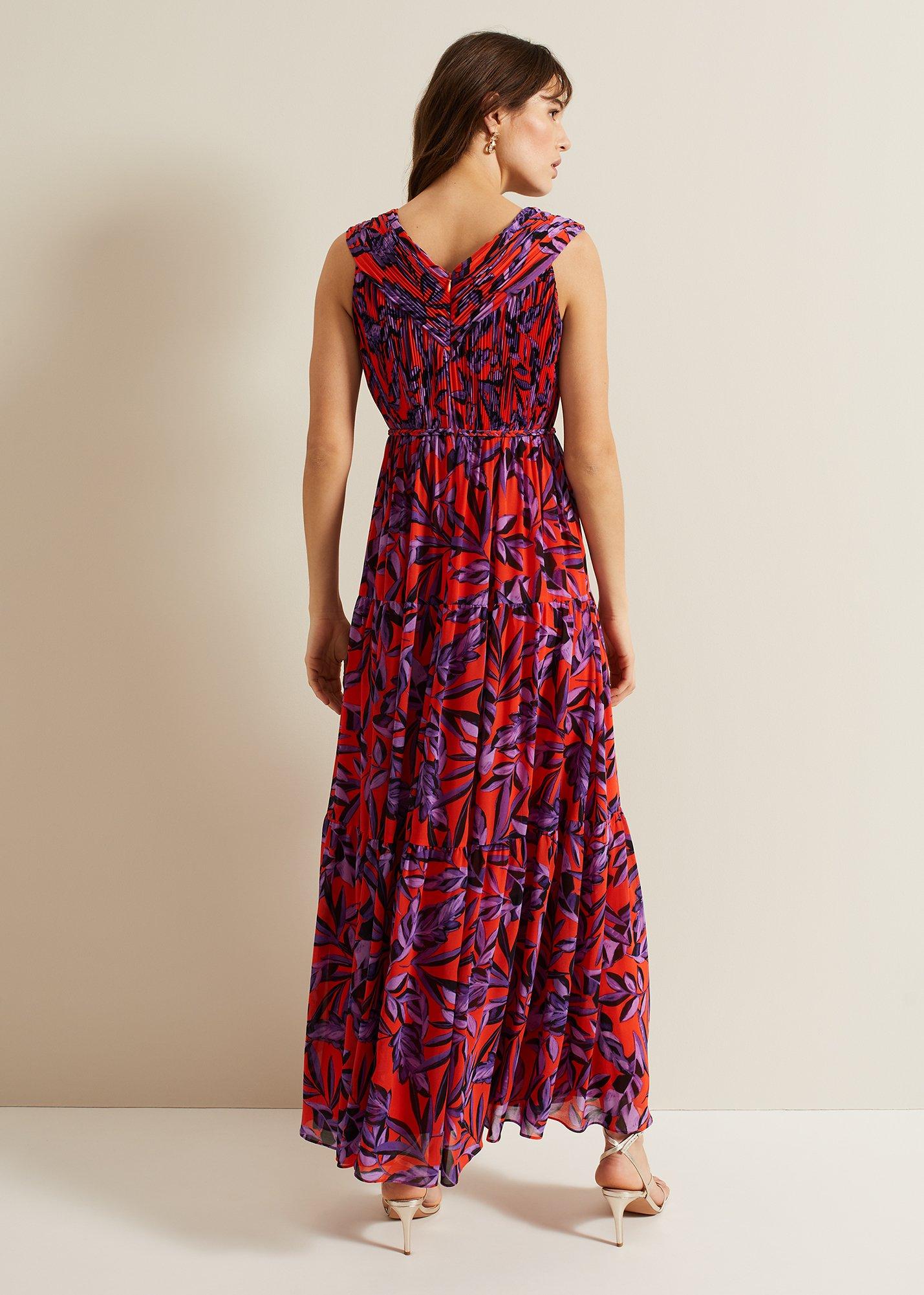Athena Leaf Print Pleated Maxi Dress