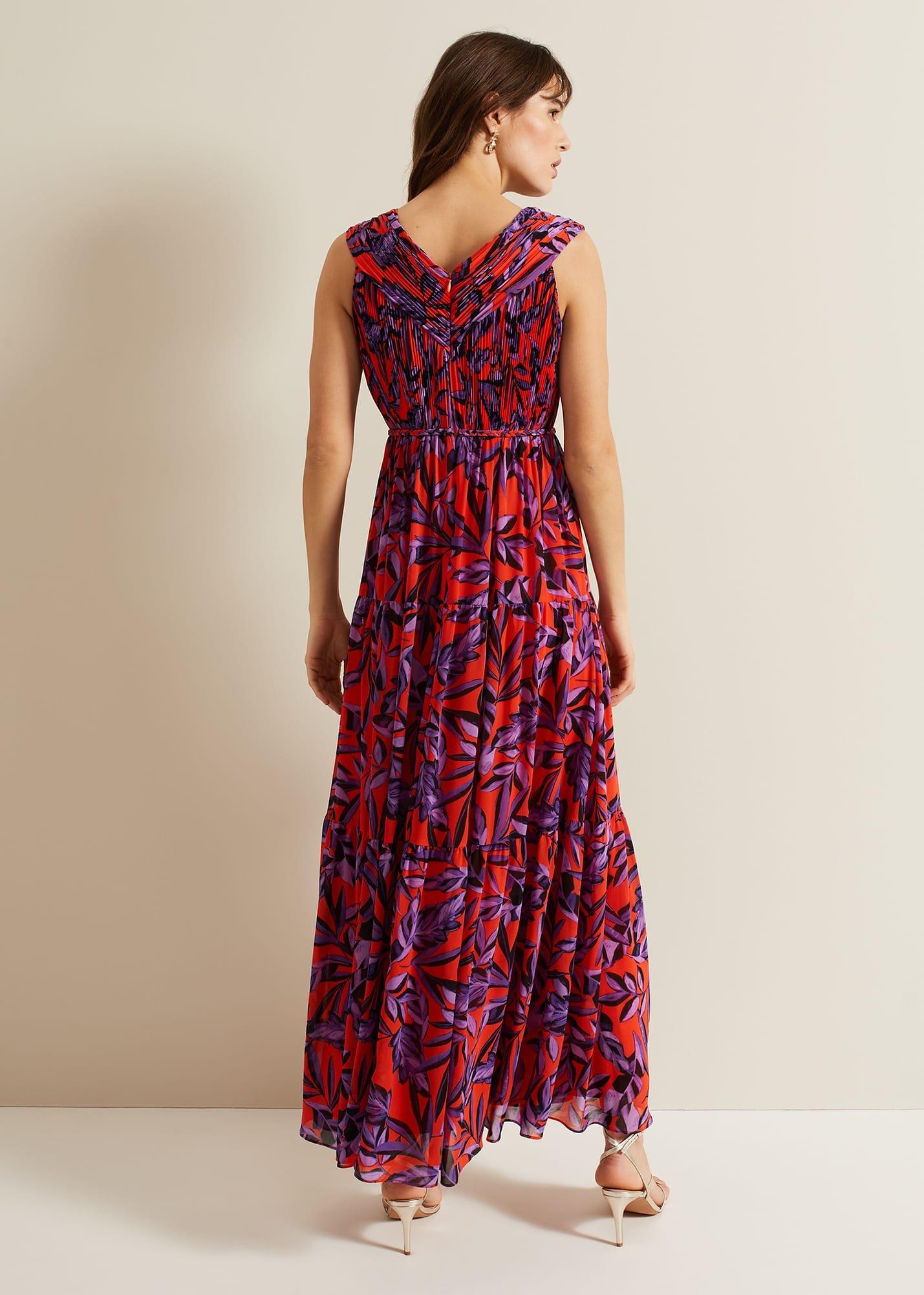 Athena Leaf Print Pleated Maxi Dress