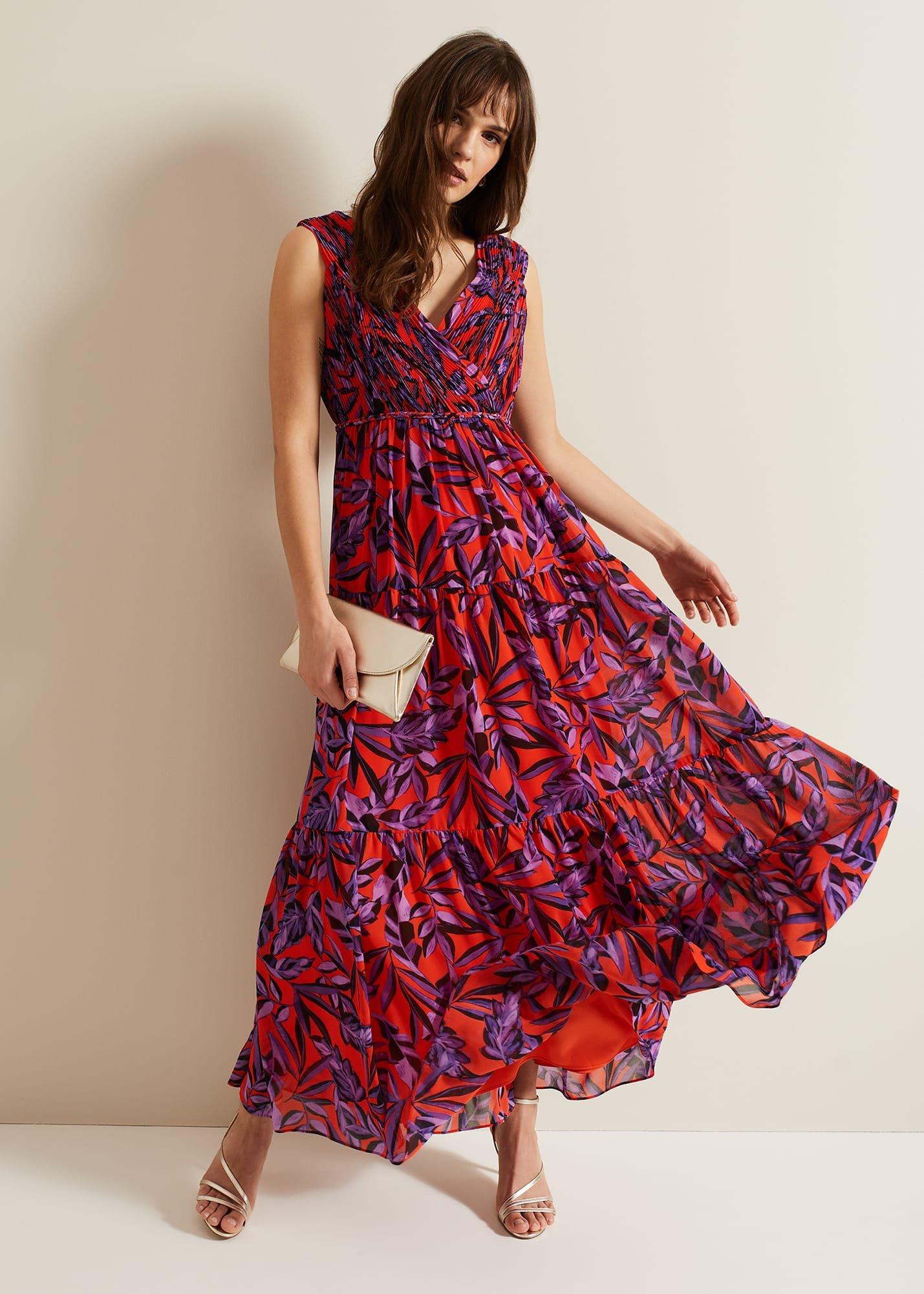 Athena Leaf Print Pleated Maxi Dress