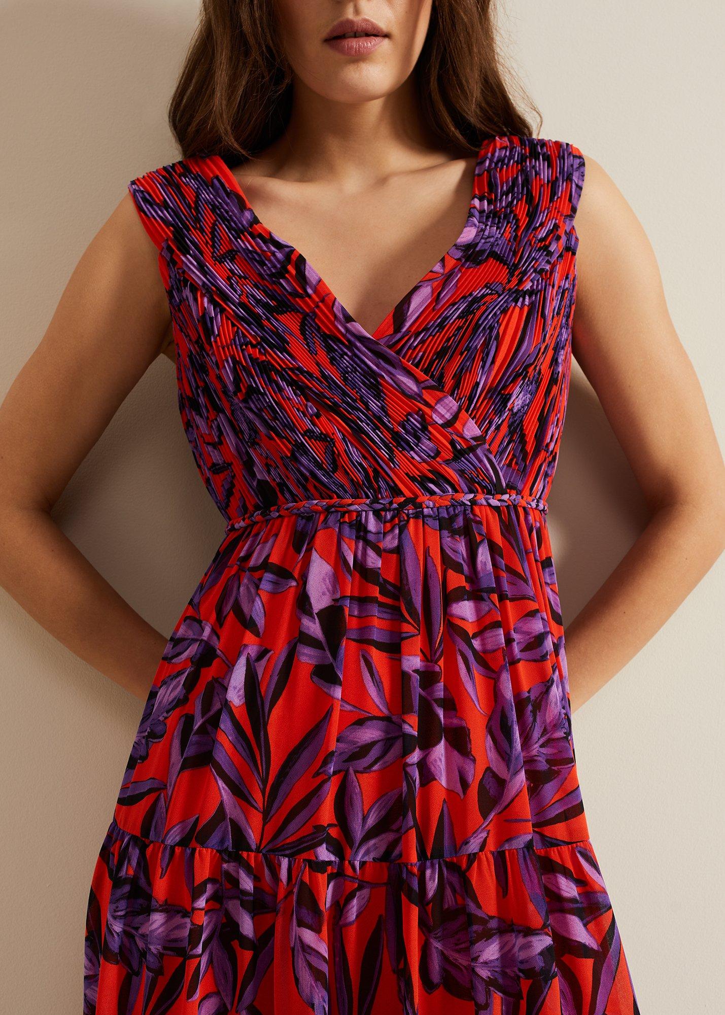 ${product-id}-Athena Leaf Print Pleated Maxi Dress-Vermillion/multi-${view-type}