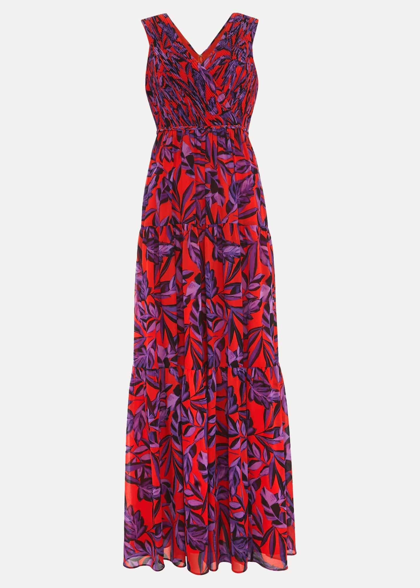 Athena Leaf Print Pleated Maxi Dress