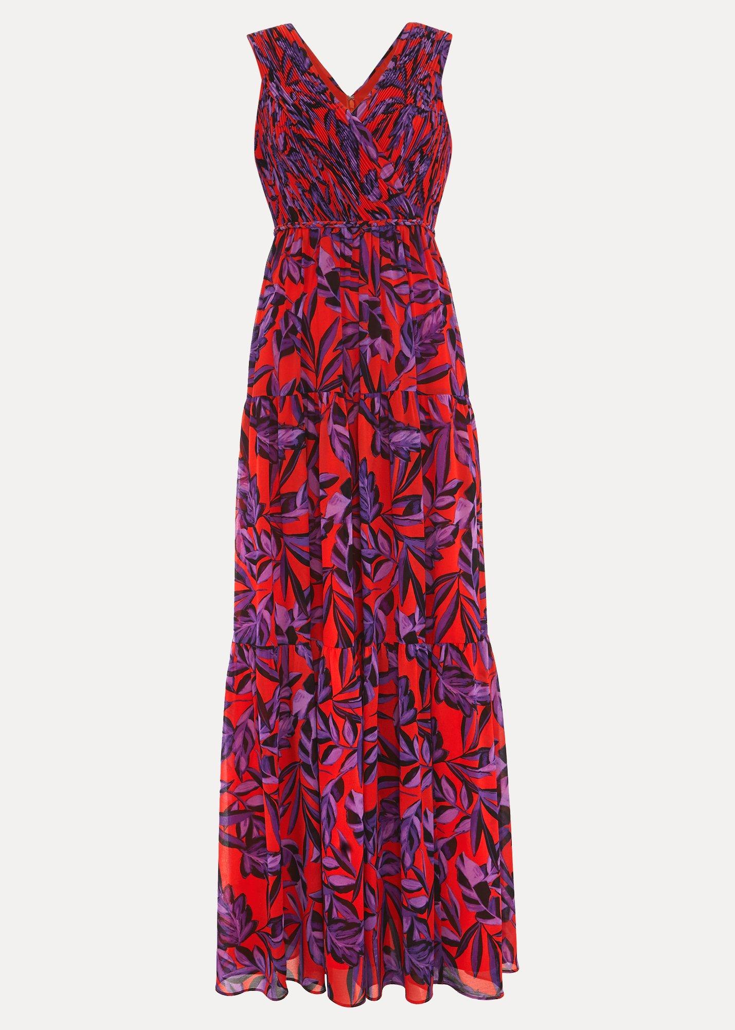 ${product-id}-Athena Leaf Print Pleated Maxi Dress-Vermillion/multi-${view-type}