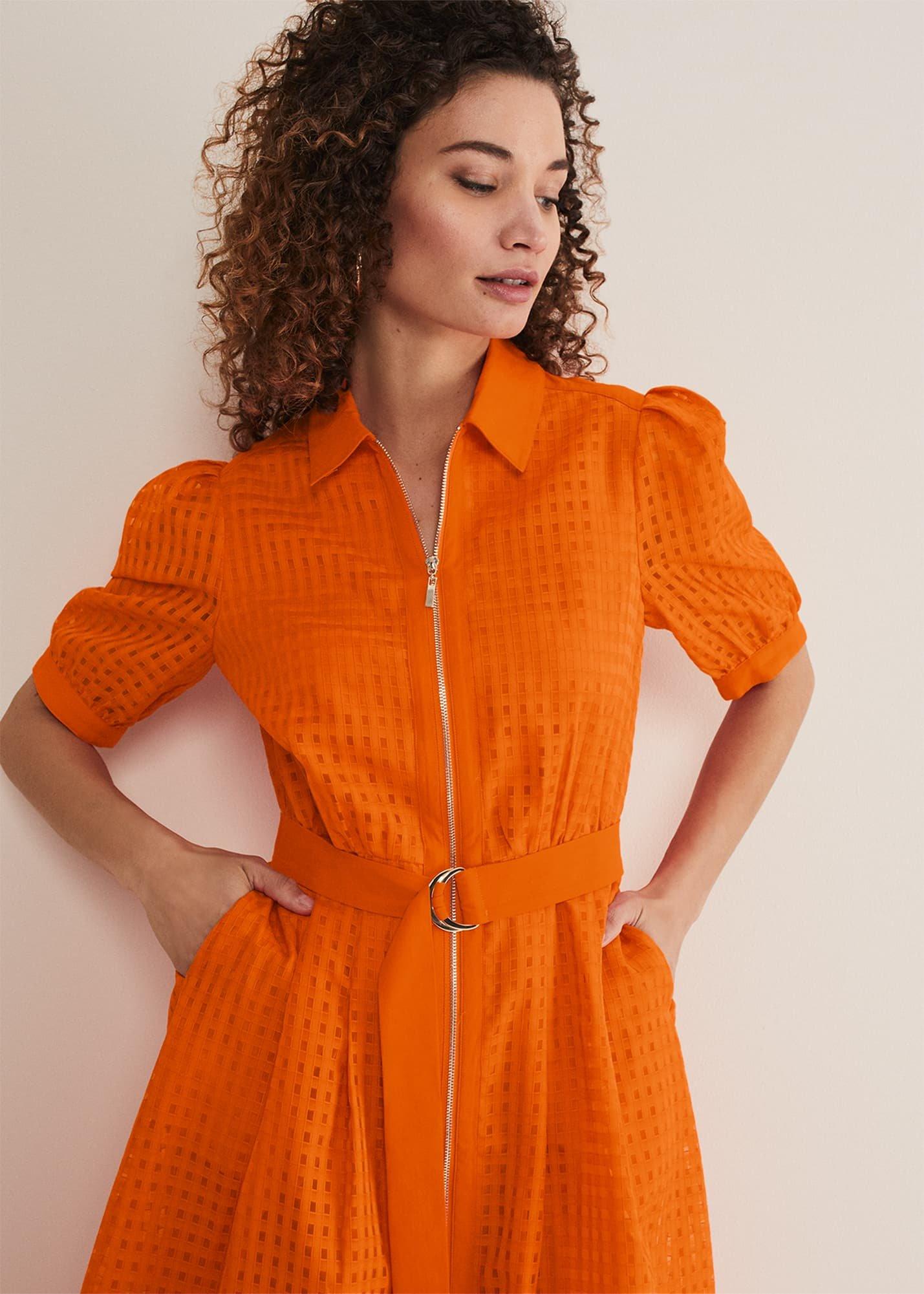 Carey Orange Checked Textured Midi Dress