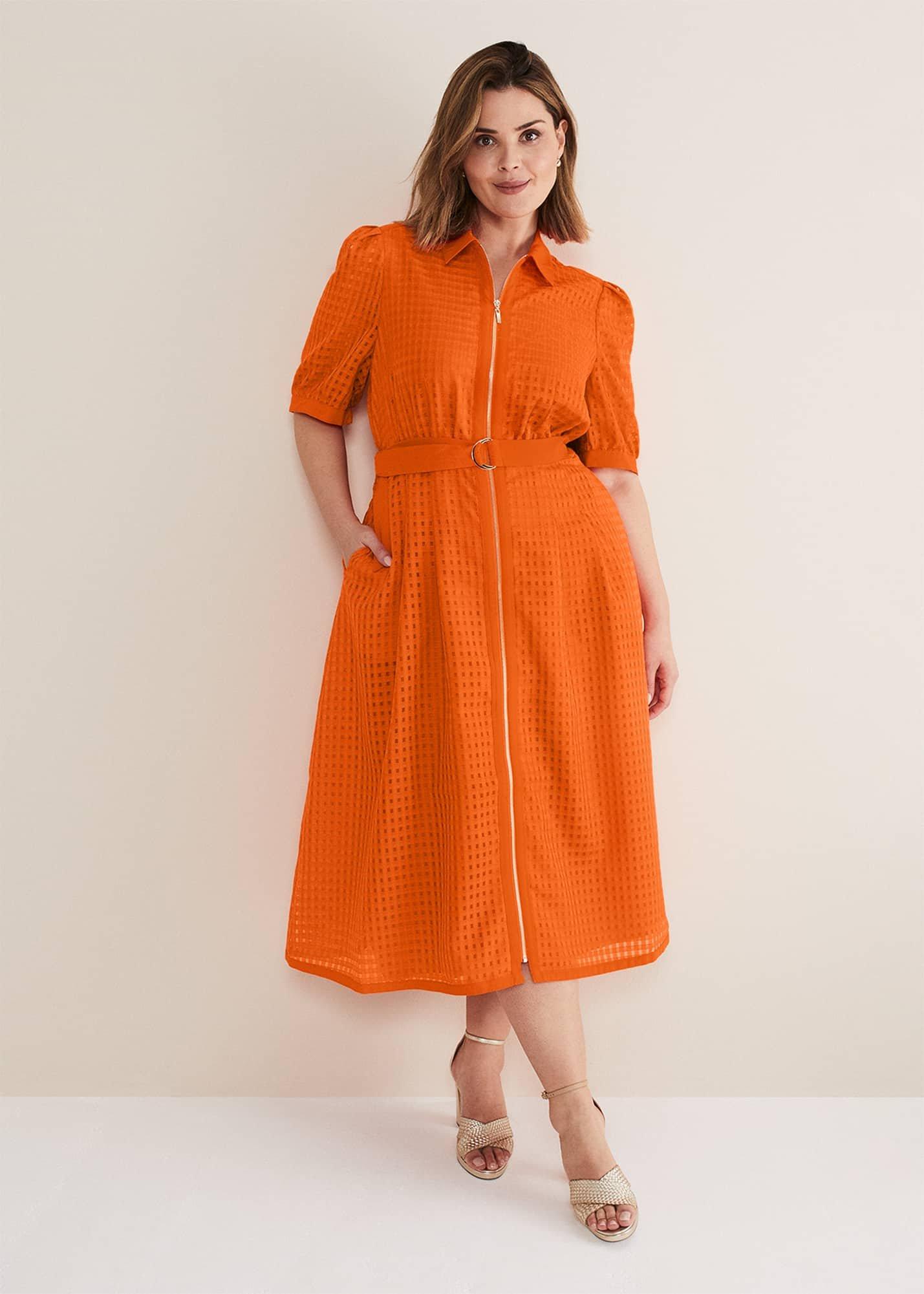 Carey Orange Checked Textured Midi Dress