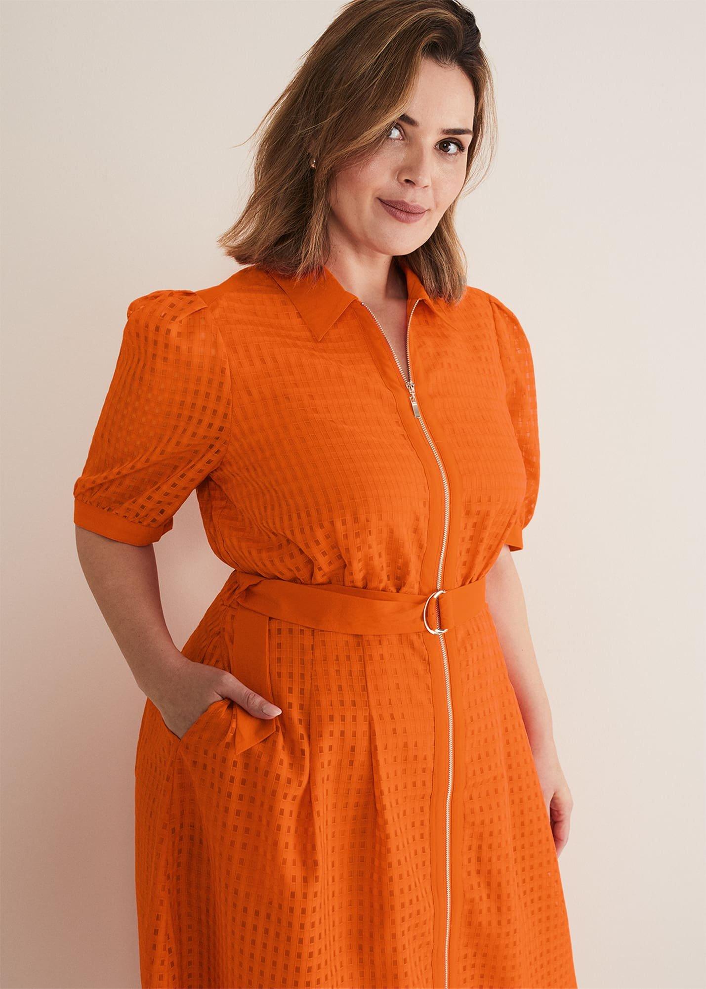 Carey Orange Checked Textured Midi Dress