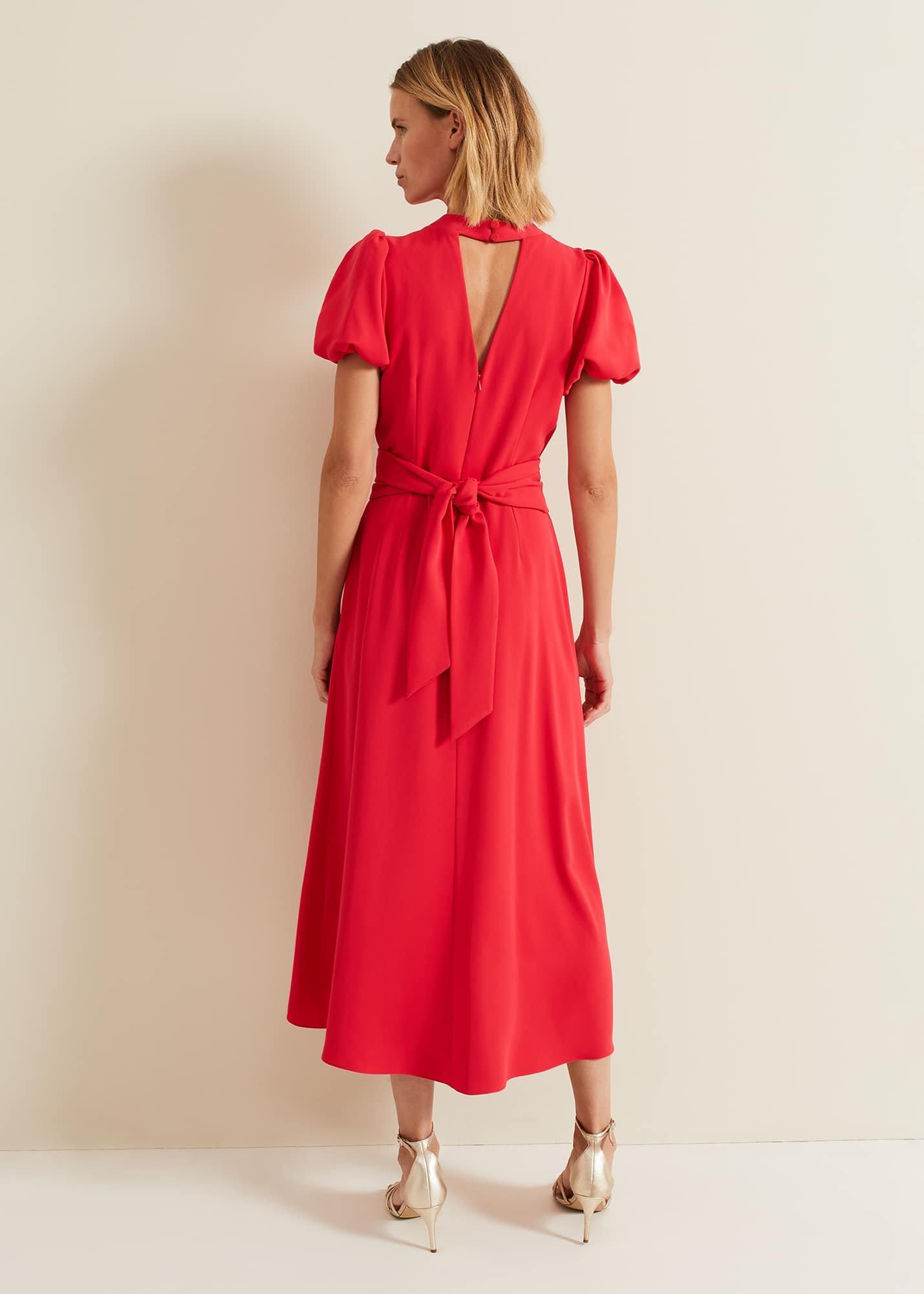 Paulina Coral Puff Sleeve Midi Dress