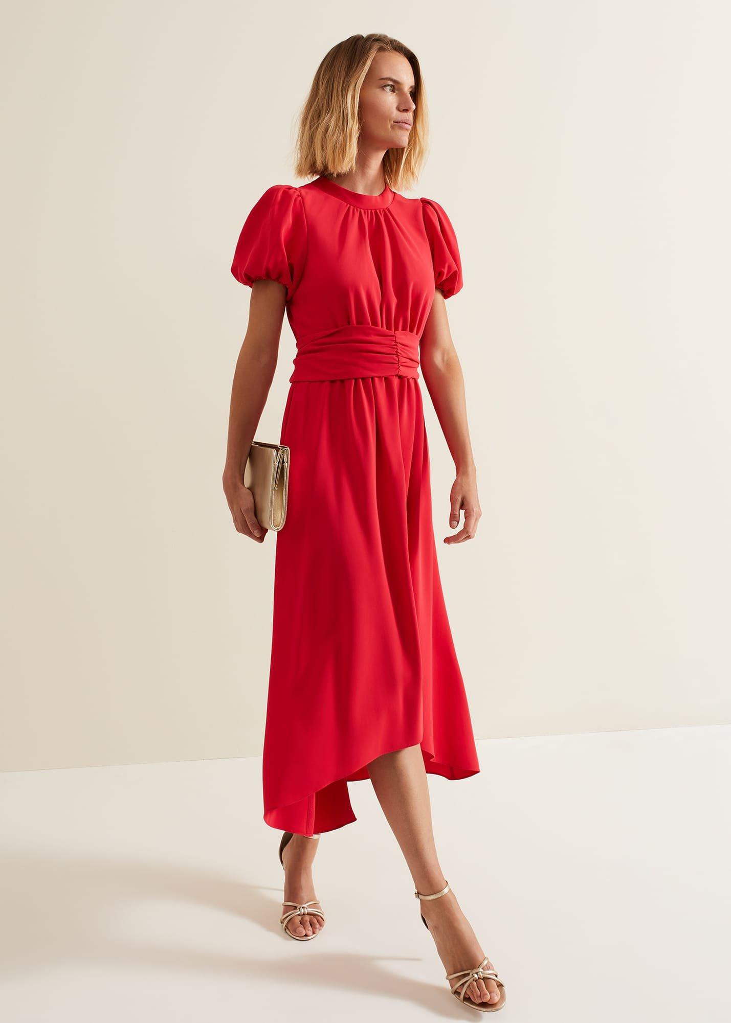 Paulina Coral Puff Sleeve Midi Dress