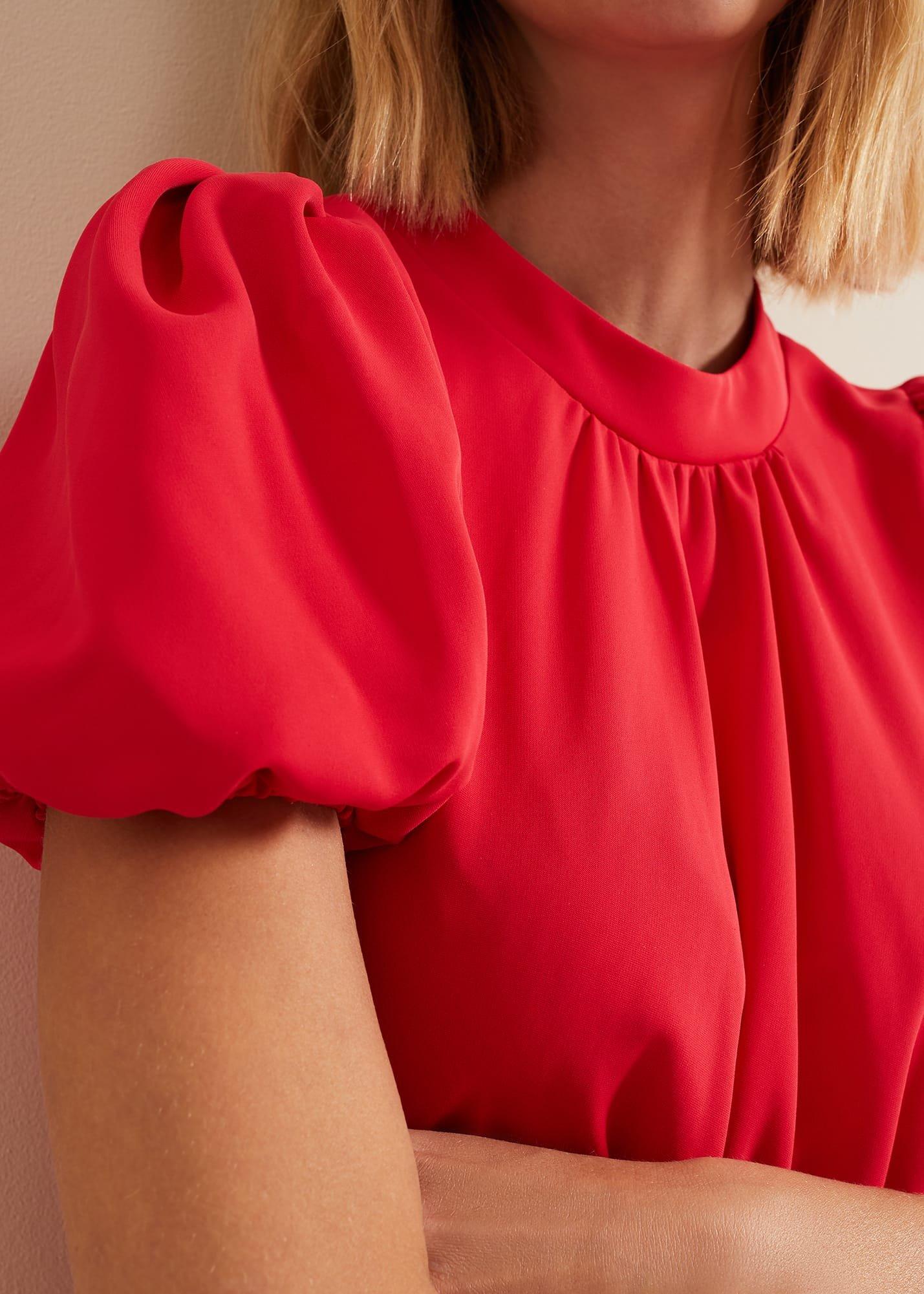 Paulina Coral Puff Sleeve Midi Dress