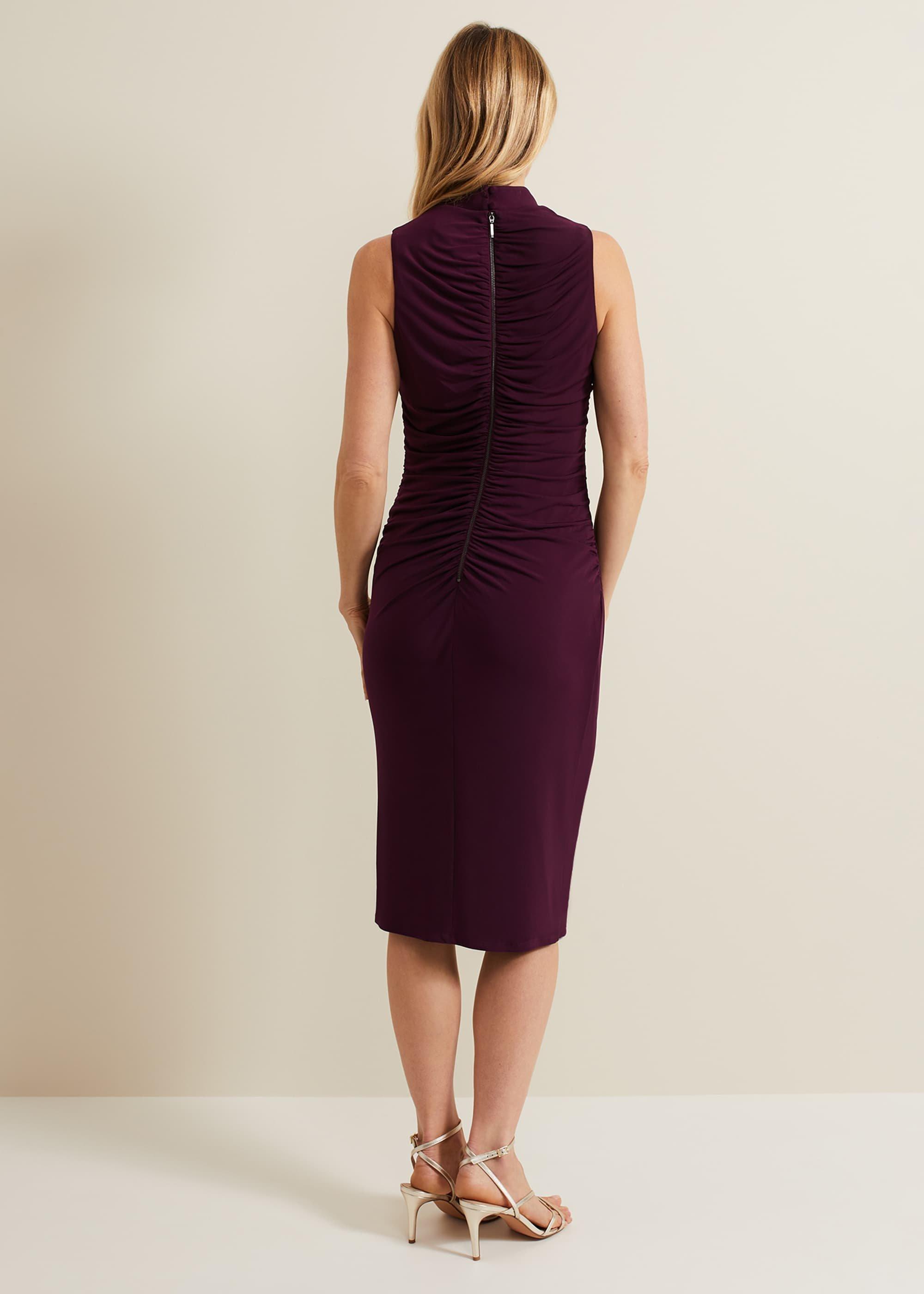 Stefania Burgundy Ruched Midi Dress