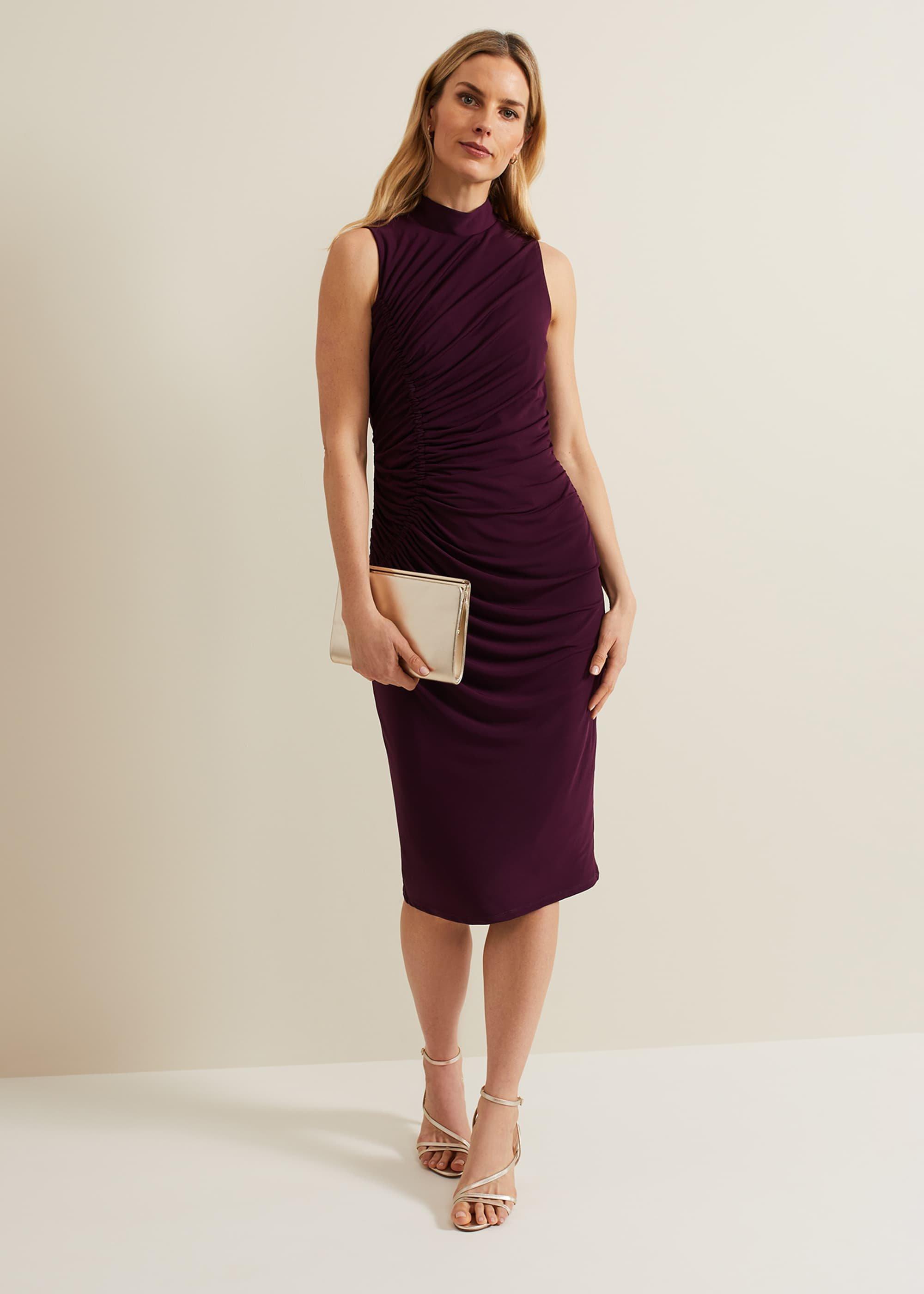 Stefania Burgundy Ruched Midi Dress