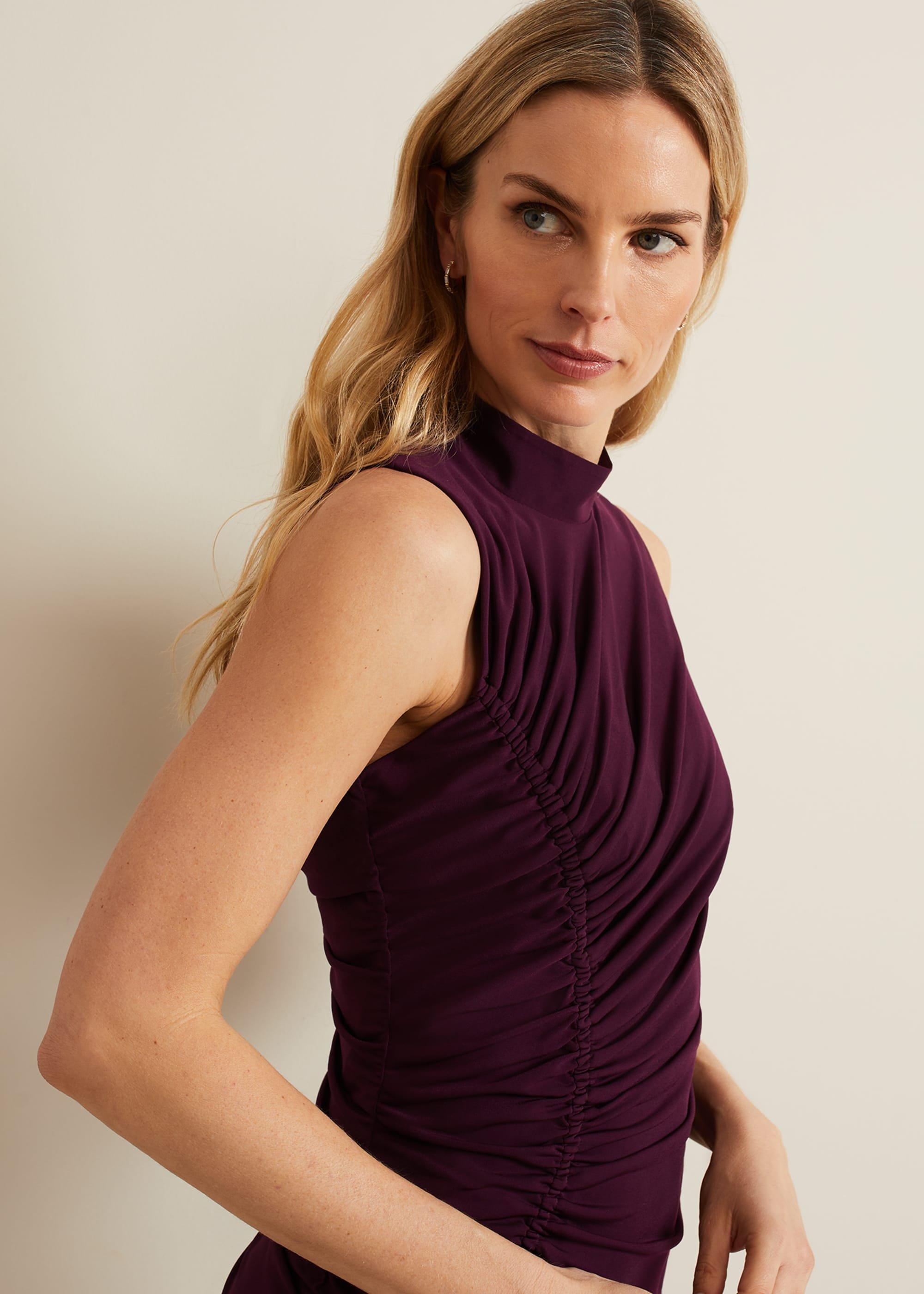 Stefania Burgundy Ruched Midi Dress