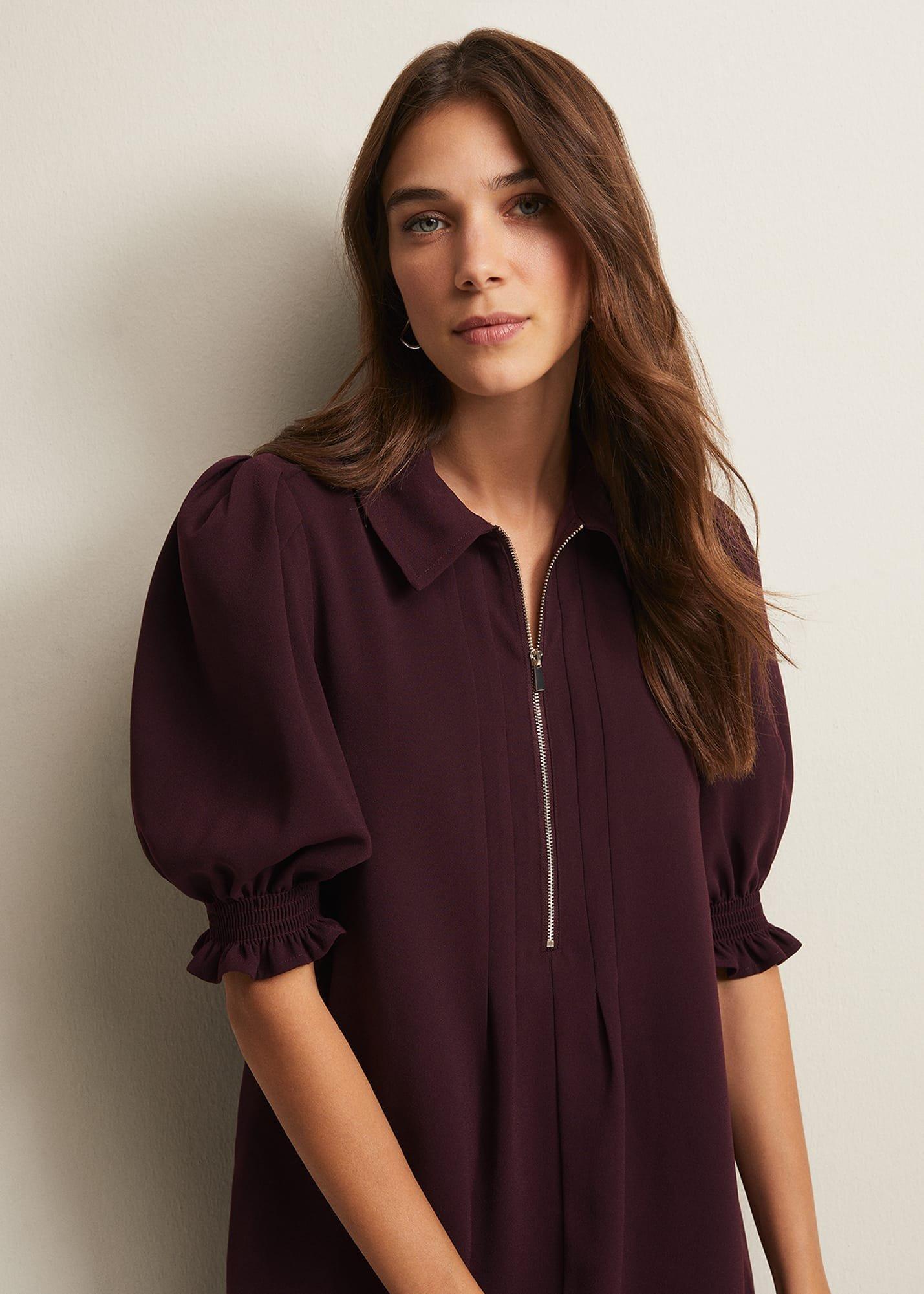 Burgundy Zip Up Mini Dress With Frill Sleeve Cuffs | Phase Eight